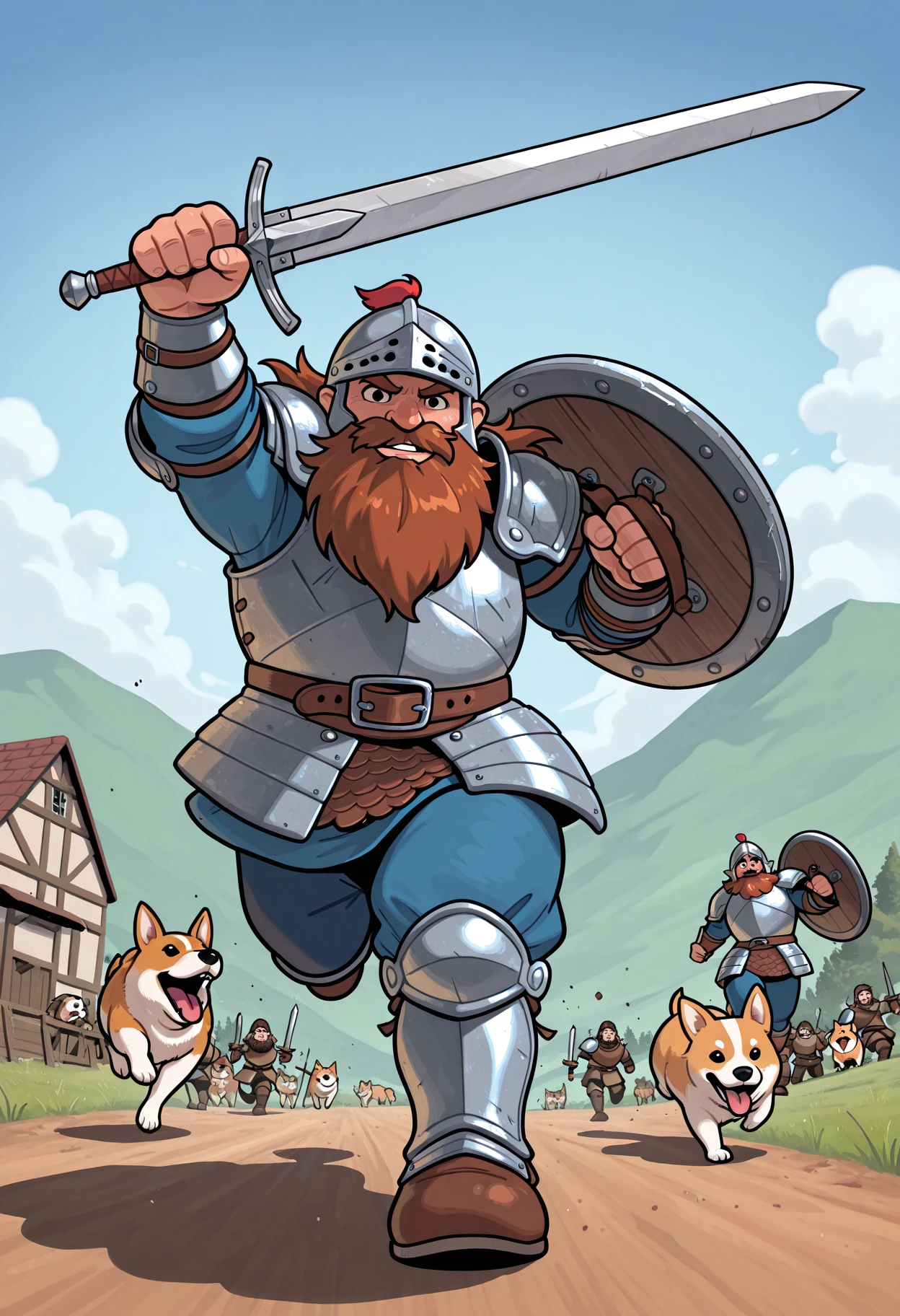 masterpiece,amazing quality,4k,high resolution,ultra-detailed,newest,outdoors,Welsh countryside,battlefield,1man,dwarf,warrior,beard,fantasy plate armor,holding a sword and shield,charging into battle,armored corgi,multiple dogs,running dogs,charging,male focus,dynamic pose,action,action pose,foreshortening,dynamic angle,looking at viewer,