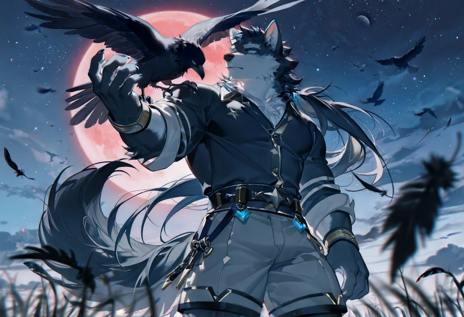 (konya_karasue:1.1),(ciloranko:0.3),suzumi \(ccroquette\),(ask \(askzy\):0.6),
BREAK
full moon,moon,1boy,solo,male focus,furry,furry male,wolf boy,crow,huge moon,sky,night,thick eyebrows,body fur,shirt,grey shorts,bara,night sky,black fur,arm up,blurry foreground,star (sky),wolf ears,wolf tail,long hair,grey fur,looking at animal,starry sky,flying,blurry,outdoors,low ponytail,animal on arm,hand up,muscular male,bara,black feathers,cowboy shot,from below,blue eyes,
BREAK
perfect anatomy,good hands,5 fingers,furry male,
BREAK blurry,chromatic aberration,creative angle,
BREAK
ultra-detailed,very awa,amazing quality,very aesthetic,absolutely eye-catching,score_8_up,intricate details,masterpiece,highres,best quality,absurdres,Crisp details,Ultra-sharp focus,4K UHD,score_9,score_7_up,