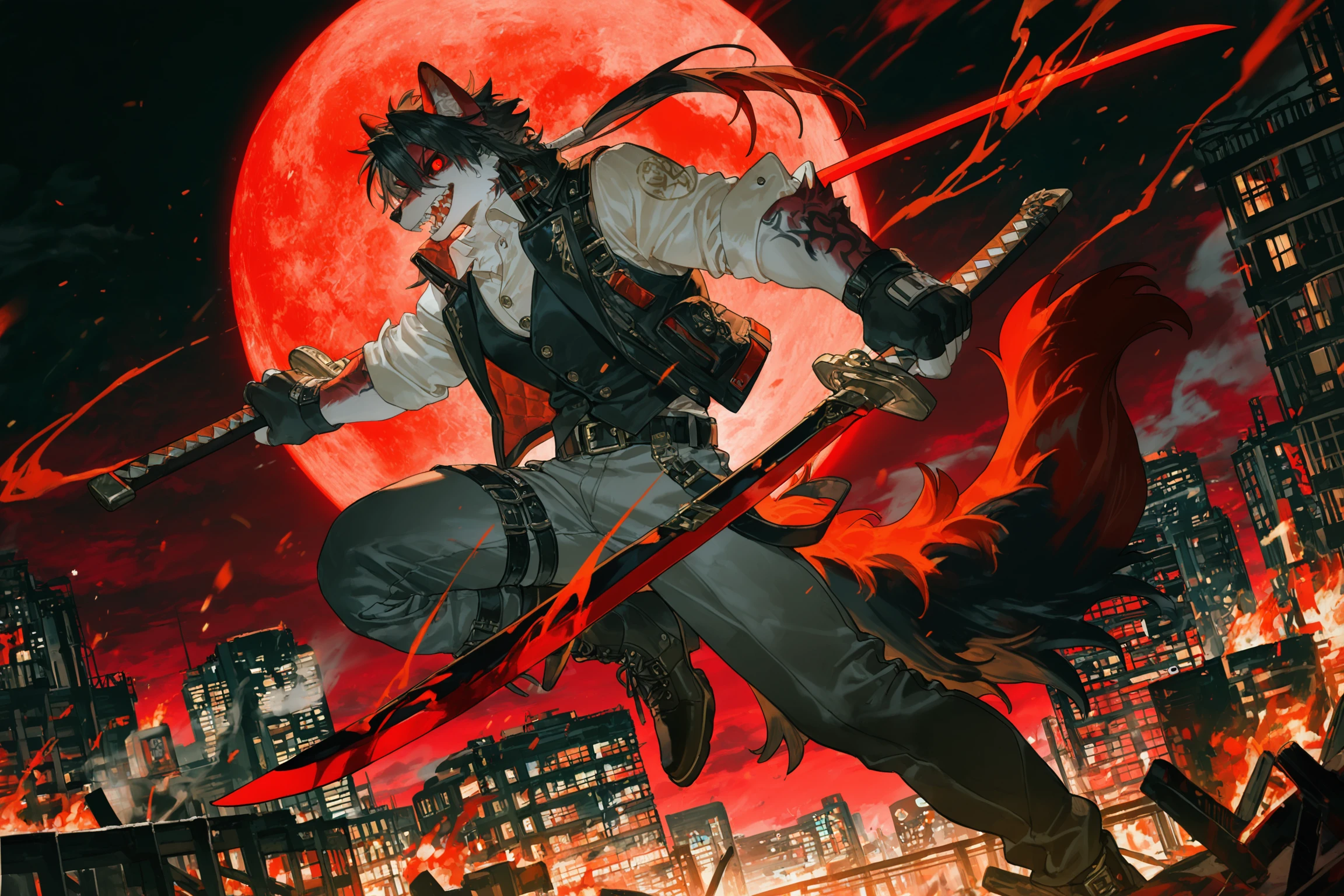 masterpiece,best quality,very awa,ultra-detailed,absurdres,huge filesize,
perfect anatomy,good hands,
(konya_karasue:1.1),suzumi \(ccroquette\),null_ghost,rella,(lindong:0.8),(milkytiger1145:0.7),(chunie:0.5),(nyalia:0.2),furry male,furry,moon,male focus,weapon,1boy,sword,holding sword,red moon,holding,holding weapon,jumping,fire,battle,full moon,glowing eyes,building,gloves,fingerless gloves,night,ponytail,pants,looking at viewer,glowing,wolf boy,shirt,midair,black hair,smoke,fighting,belt,long hair,black fur,red eyes,sleeves rolled up,grey fur,wolf ears,city,dual wielding,white shirt,destruction,sky,vest,tattoo,outdoors,red sclera,wolf,incoming attack,duel,holding axe,fangs,body fur,attack,sparks,sharp teeth,sharp teeth,cityscape,red theme,wolf tail,light trail,red sky,slashing,red fur,full body,fighting stance,black vest,white fur,colored sclera,short hair,night sky,black pants,grey pants,blood,
<lora:Kombagavad_gita_V3.3_Glittering_gravel:0.9>,