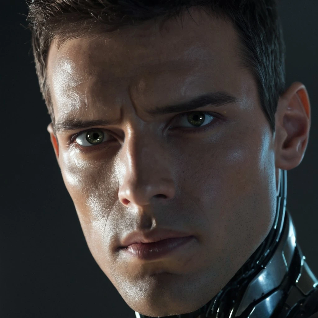 Close-up of a half robot half man android. Cinematic lighting, shadow lighting, looking at viewer. Futuristic scenery, epic, movie lighting, chiseled jawline, serious look, reflective moment. Extremely detailed, highly realistic. DSLR photo, high budget photo. Sharp eyes, detailed eyes,