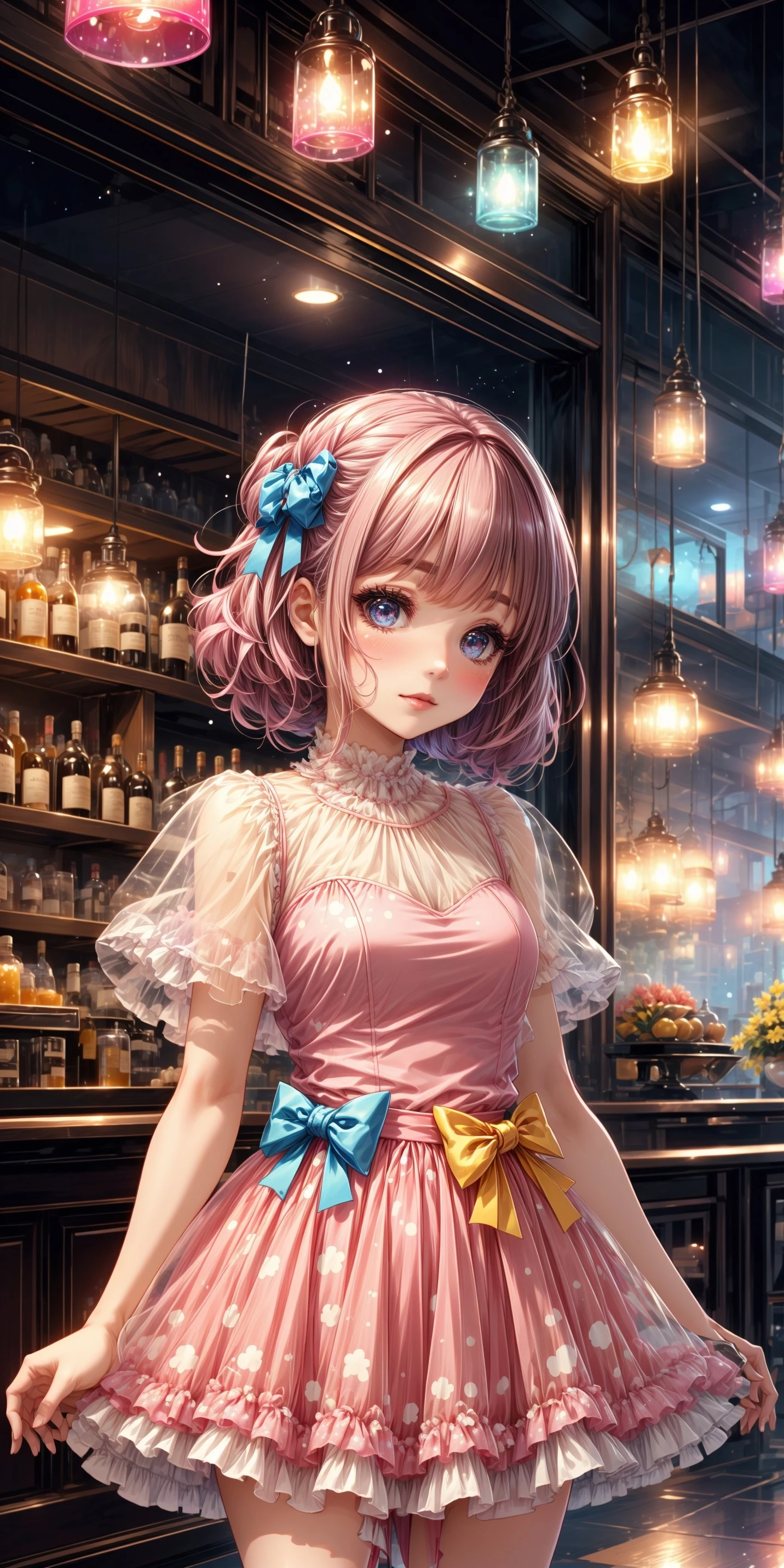 1girl, big sparkling eyes, blushing, full face blushing, pink and magenta strapless sleeveless short puffy dress, light pink sheer shoulder frills, pink bodice, blue and yellow waist ribbons, magenta and off-white short attached polka dot print tulle tutu skirt, bows, yellow bow, blue bow, <lora:more_details:0.7>, <lora:scene_:0.5>, <lora:FashionComplexityEnhancerLORAv1:0.4>, <lora:77d0aa18-2822-4d80-803a-17810d70a2af:0.6>, <lora:2e7fa73a-6616-4428-8b5f-0e65efaa9198:0.4>, <lora:bar:0.4>, <lora:96073874-f082-4683-942e-601cecac5c40:0.3>, <lora:f7d08feb-f21d-42d0-9ef1-a9481867524d:0.3>, , , , ,