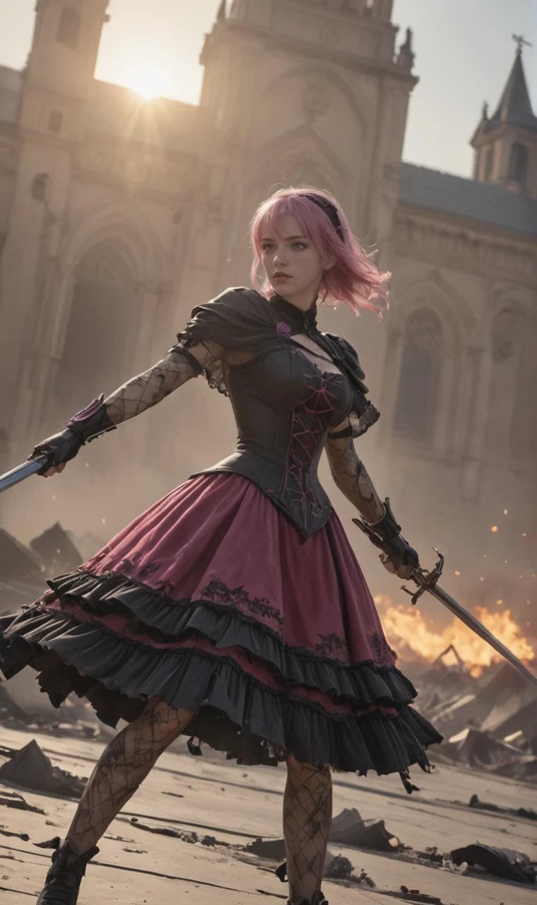 a girl fighting in movie battle scene. girl is in gothic dress and holding rapier sword, fencing. <lora:scamy_iniverse_32_2e4:0.7> scamy, bangs, crimson dress, pink hair, , in burning russian church, sunshine in sunset, violet flame,thunder bolt,leaser beam attack on body, motion blur, damage effect.