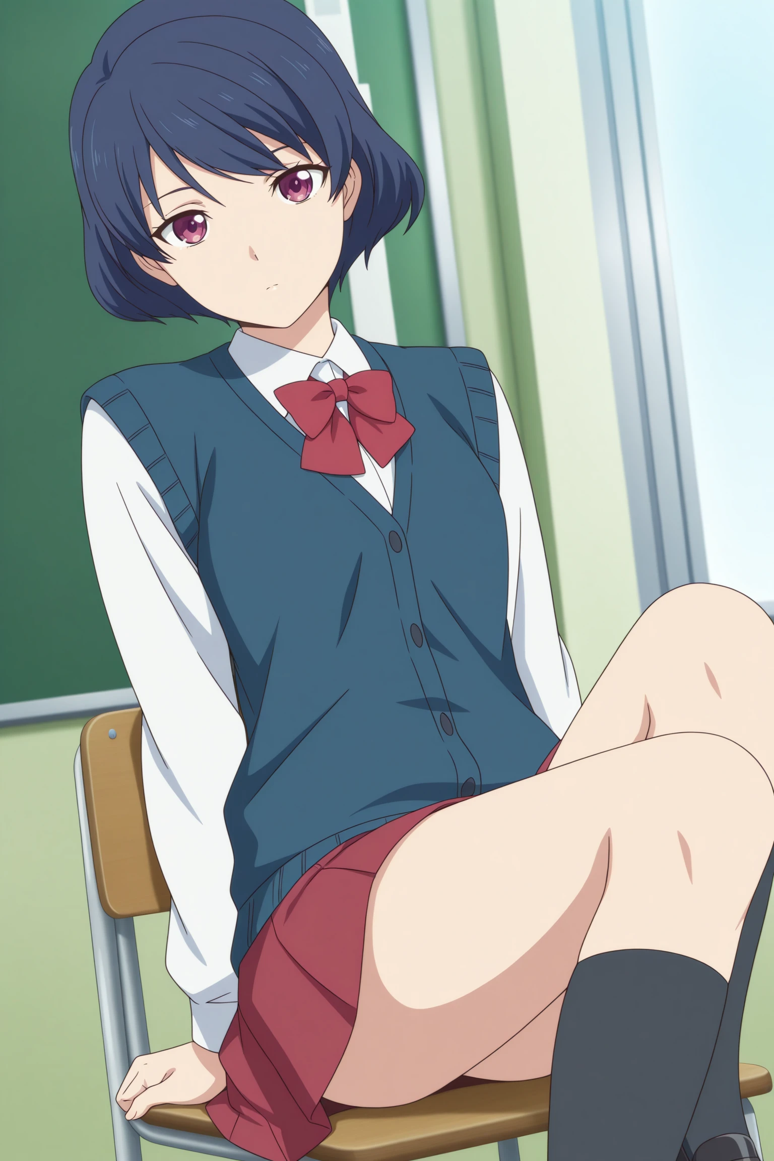 masterpiece, best quality, amazing quality, highres, absurdres, very aesthetic, high resolution, ultra detailed, perfect details, 1girl, solo, indoors, classroom, day, tachibana rui, short hair, blue hair, choppy bangs, purple eyes, long sleeves, white shirt, collared shirt, red bowtie, blue vest, cardigan vest, untucked shirt, red skirt, pleated skirt, black socks, kneehighs, black footwear, loafers, <lora:Rui_Tachibana_ILXL:0.8>, (cowboy shot:1.5), looking at viewer, (anime coloring:1.2), sitting, school chair, pose, expressionless