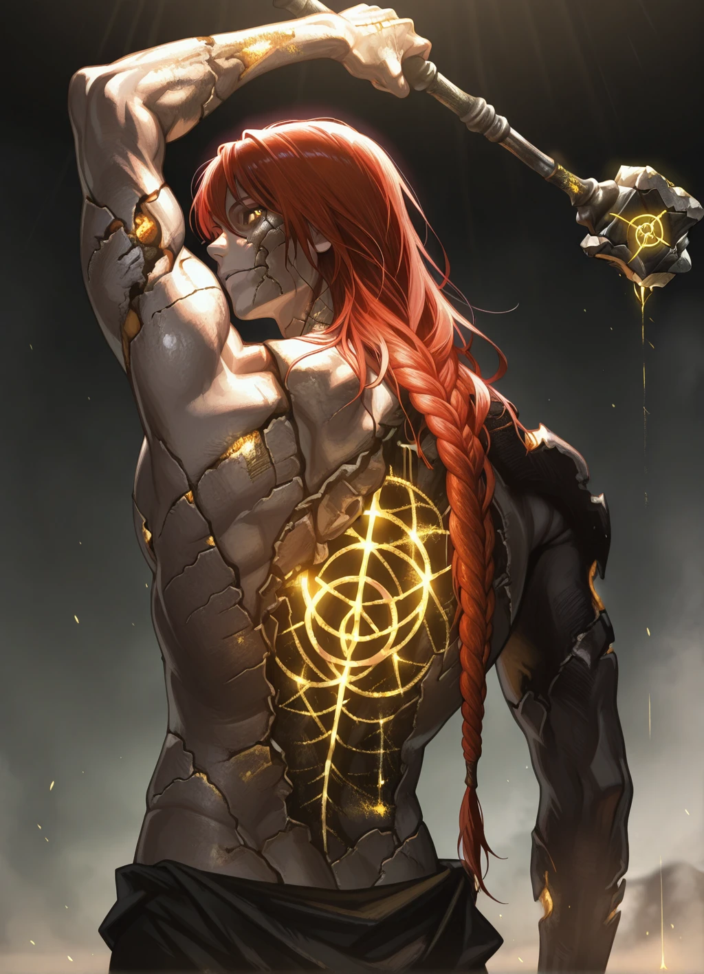 masterpiece,best quality, radagon, solo, 1boy, muscular male, long red hair, braided hair, cracked body, hole in chest, glowing elden ring (symbol), <lora:radagon:1>, from behind, arm up,hammer, looking back,