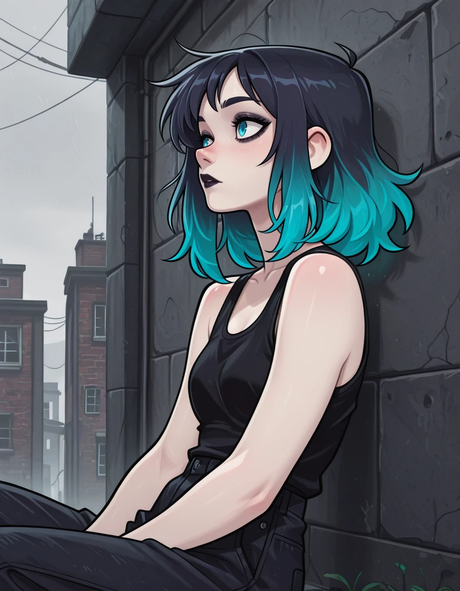 1girl, Ra3lyn,
<lora:OC_Rae_Character_LoRA:1>
<lora:Kiramochi_Style_LoRA:1> k1ram0ch1, 
solo, tank top, bra strap, gradient hair, face, close up, dark clothes, heavily stylized, drama layer, amazing quality, close up, neon palette, dynamic, pale skin, cowboy shot, pants
Sitting, brick wall, concrete, overcast, dramatic lighting, moss, side view
lazypos,