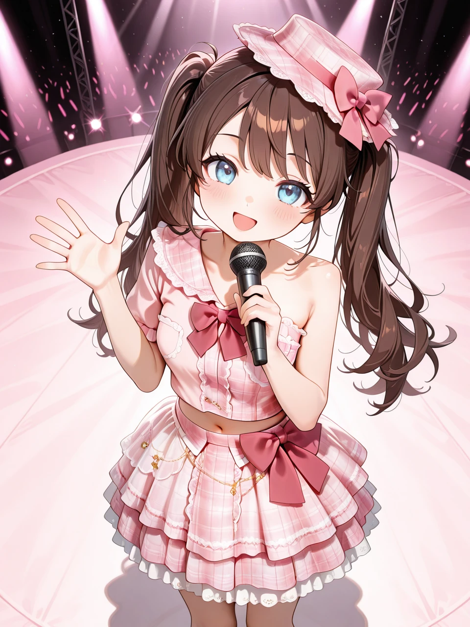 embedding:lazypos,detailed background,delicate, dreamy,
1girl, solo,
Hanasaki_Himari_OC, long hair, blue eyes, brown hair,twintails, breasts,
short single sleeve plaid shirt,bare shoulder, strap,pink shirt,red bowtie,lace trim,breast pocket,stomach,navel,
layered skirt,pink short plaid skirt,frills,lace trim,red waist bow,
plaid hat,pink hat bow,lace trim,
cowboy_shot,bare_legs,  
standing,looking_at_viewer,smile,singing,holding_microphone,front view,waving_arm,from_above,     
stage,stage_lights, 
