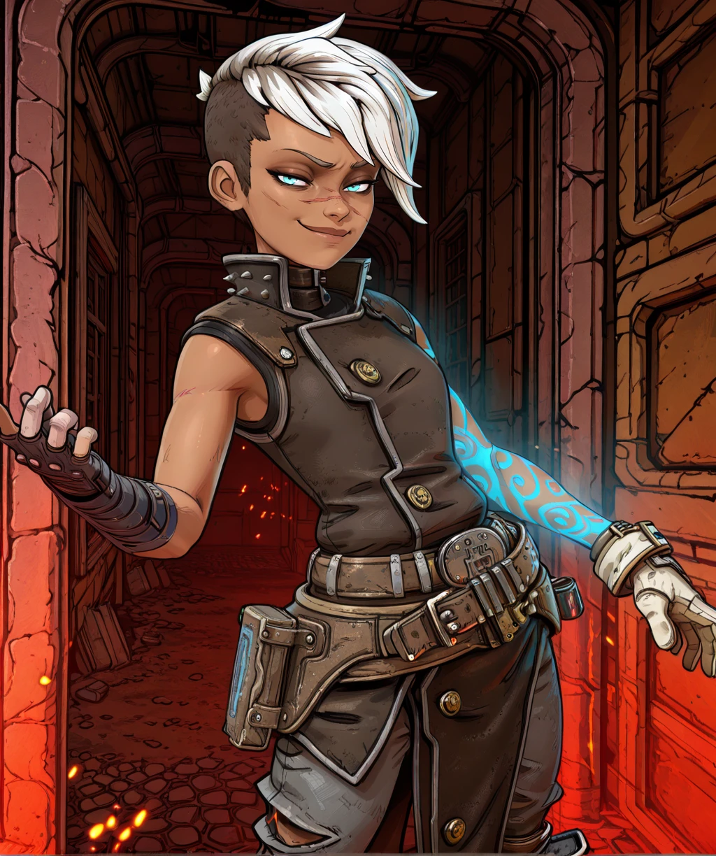 tyrnclypxl, white hair, blue eyes, two-tone hair, scar on face, smug, glowing left arm tattoo,
sleeveless, belt, pants, collar, shirt, brown top, pelvic curtain,
standing, teasing,
asymmetrical gloves,
detailed environment, clear composition, atmospheric haze, ambient occlusion,
(insanely detailed, masterpiece, best quality,), <lora:TyreenCalypsoXL-13v1-ILL:0.9>,