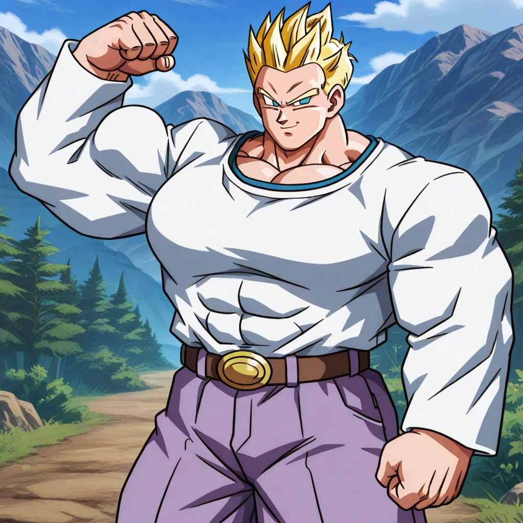 SSGTGoten,1boy,spiked hair,tilted hair,yellow hair,super saiyan,blue eyes,no pupils,white long sleeved shirt,long sleeves,lavender chino pants,beige brown boots,solo, massive muscles, broad shouldered man, gigantic muscles, pectorals, big pecs, defined abs, huge biceps, huge traps, huge lats, thick arms, thick forearms, thick legs, huge pectorals, wide body, wide back, clothed muscles, no square chin, flexing a big bicep, one arm raised, one arm at side, smiling, mountains and vegetation in the background, cowboy shot,