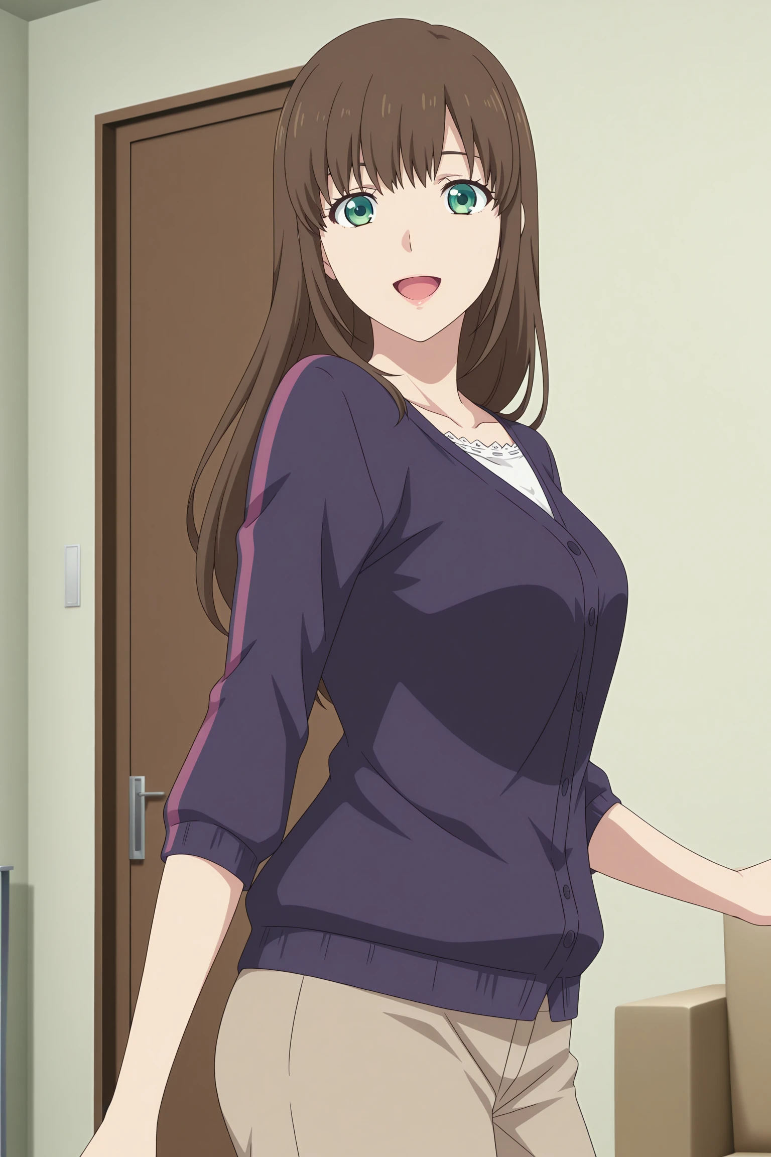 masterpiece, best quality, amazing quality, highres, absurdres, very aesthetic, high resolution, ultra detailed, perfect details, 1girl, solo, indoors, living room, tachibana hina, long hair, brown hair, sidelocks, choppy bangs, green eyes, three-quarter sleeves, pink cardigan, purple cardigan, white shirt, lace-trimmed shirt, untucked shirt, brown pants, capri pants, <lora:Hina_Tachibana_ILXL:1>, (aged up:1.2), (upper body), looking at viewer, (anime coloring:1.2), standing, dynamic pose, from side, smile, open mouth