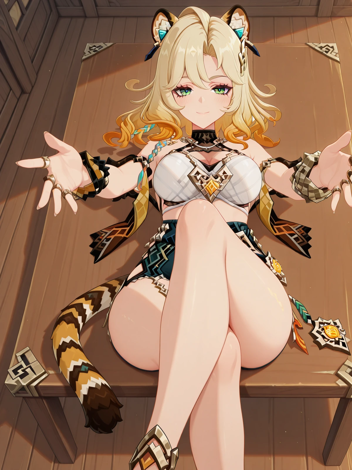 masterpiece, best quality, amazing quality,, <lora:genshin-xilonen-ingame-illustriousxl-lora-nochekaiser:1>, xilonen, xilonen (genshin impact), long hair, blonde hair, hair ornament, animal ears, green eyes, tail, multicolored hair, gradient hair, tiger ears, tiger tail, tiger girl, mature female, large breasts, 3d, <lora:crossed-legs-reaching-towards-viewer-illustriousxl-lora-nochekaiser:1>, crossed legs reaching towards viewer, solo, looking at viewer, blush, smile, closed mouth, sitting, lying, indoors, on back, crossed legs, outstretched arms, on table, on desk,, , ,