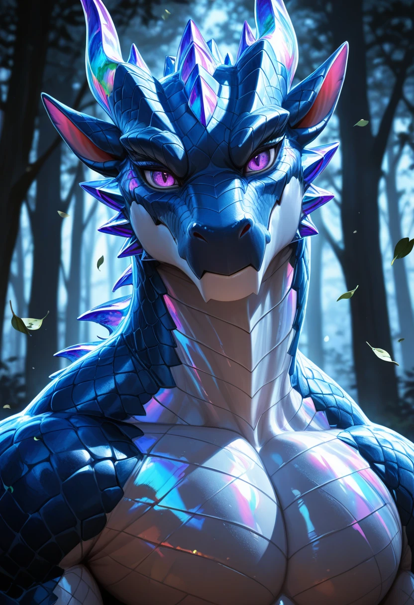 masterpiece, high detail, depth of field, dynamic lighting, best quality, very aesthetic, 8k, best quality, cinematic, high resolution, ultra-detailed, absurdres, newest,
1boy, male, dragon, iridescent scales, purple eyes, portrait, looking at viewer, 
muscular, masculine, 
mystical forest, trees, falling leaves, 
vivid, colorful,