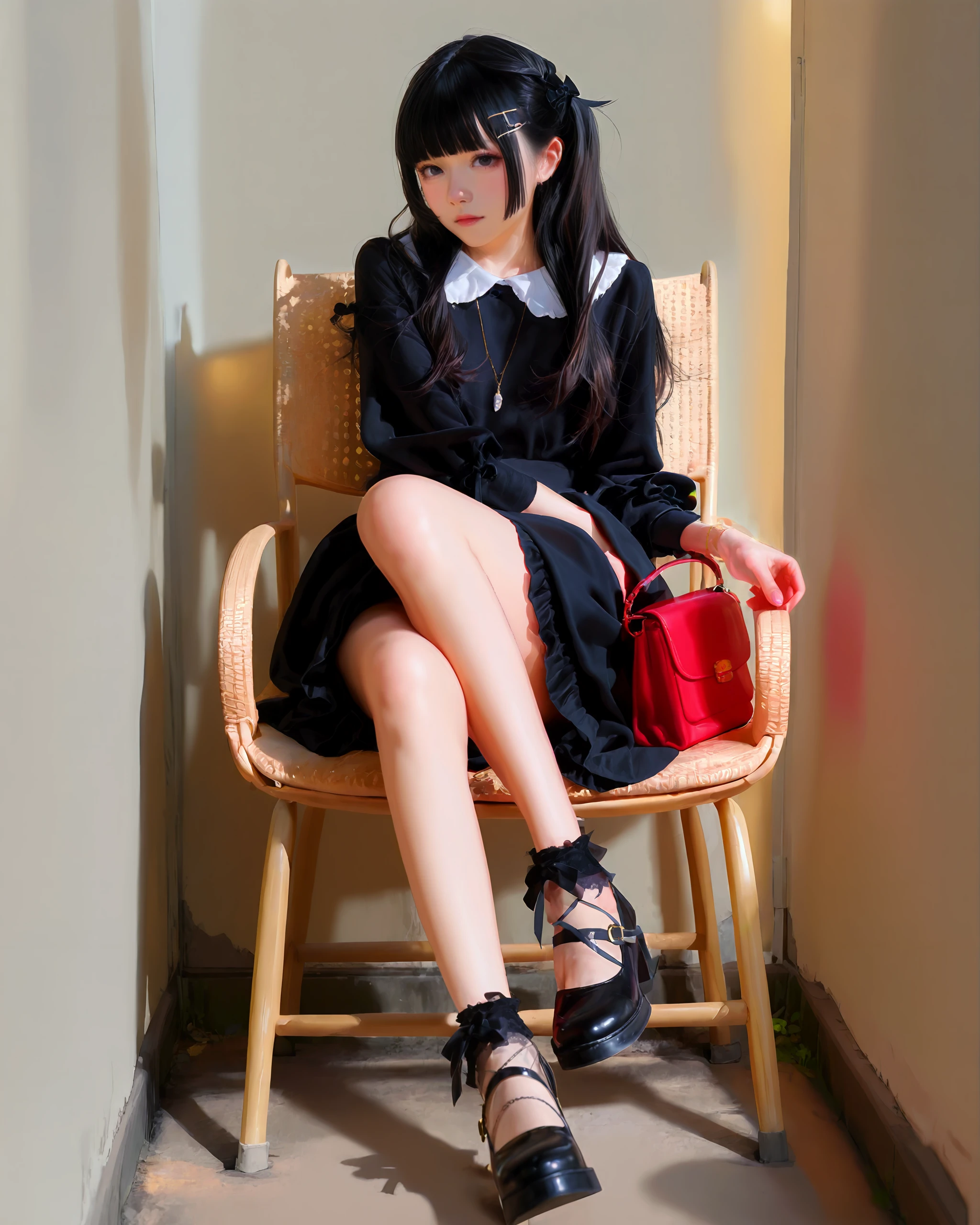 uncensored,NSFW,rating explicit,masterpiece,absurdres,highres,newest,very awa,best quality,year 2024,photorealistic,realistic,1girl,solo,long hair,looking at viewer,black hair,hair ornament,dress,jewelry,sitting,hairclip,mary janes,ankle lace-up,blunt bangs,black footwear,necklace,bag,chair,crossed legs,handbag,asian,red bag,