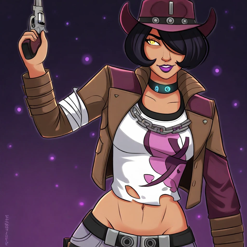 NishaBTPS, 1girl, solo, purple cowboy hat, black hair, bobcut,  yellow eyes, hair over one eye, full lips, purple lipstick, choker, white torn shirt with print, brown jacket, , navel, midriff, groin, belt, grey denim pants, bandage, collar, chain, holster, boots, handgun, revolver, masterpiece, best quality, fine details, intricate details, depth of field, subsurface scattering, bokeh, ultra-detailed, very aesthetic, detailed background, newest, scenery, highres, absurdres, colorful, vibrant, glowing, perfect face, 2d, perfect eyes, vibrant saturated colors, volumetric lighting, sharp, detailed eyes, perfect , perfect face, perfect eyes, mature body, clear eyes, beautiful eyes, athletic, curvy body, athletic girl, perky , perfect , round , pinup pose, teasing,  expression, perfect hands, muscular female,