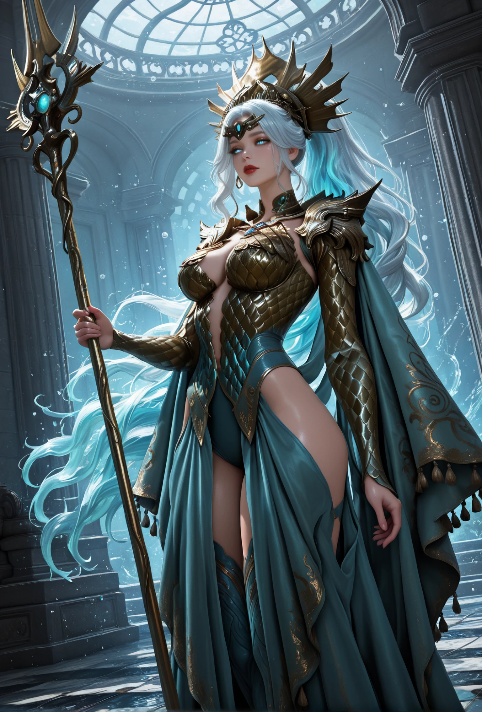 photorealistic,realistic,soft light,emotional expression,realistic shadows,erotic tension,digital painting,cel-shading,(masterpiece:1.2),(best quality:1.1),amazing quality,absurdres,ultra detailed,8k,ray tracing,very aesthetic,volumetric lighting,newest,anthro,detailed face eyes and fur,uncensored,
embedding:lazympos,
Rusalka, beautiful woman, elegant, regal, goddess-like, fair skin, flawless face, mature woman, blue eyes, glowing eyes, eyelashes, thick lips, red lips, (absurdly long hair, high ponytail), wavy hair, silver hair, white hair, ornate golden crown, spiked crown, gemstone centerpiece, seashell motif crown, royal jewelry, gemstone necklace, ornate choker, backlighting, ethereal, glitter, shadow, light particles, faint lighting, glowing, floating hair, neon trim, glowing hair, perfect face,detailed face,perfect eyes,detailed eyes,beautiful detailed eyes, (natural beauty,extraordinary beautiful woman,attractive woman,super sexy woman,lustful body,sexy woman with seductive obscene body,sensual body,voluptuous body,sexy beauty),(beautiful skin,light makeup,thin waist,wide hips,long legs:1.1)
golden armor, scale armor, metallic chestplate, cleavage cutout, large breasts, armored scale sleeves, ornate shoulder plates, flowing cape, teal cloak, long cloak, embroidered cloak, golden embroidery, tassel details, aqua-blue fabric, silky fabric, layered skirt, slit dress, thigh slit, elegant drapery, intricate hem patterns, thick thighs, wide hips, narrow waist, blue ornate thighhighs, standing, holding trident, golden trident, golden spear, combat pose,
mystical aura, oceanic aura, aquatic palace, underwater ruins, marble floor, water energy, blue particles, magic,
cowboy_shot, dutch_angle, from side, from below,