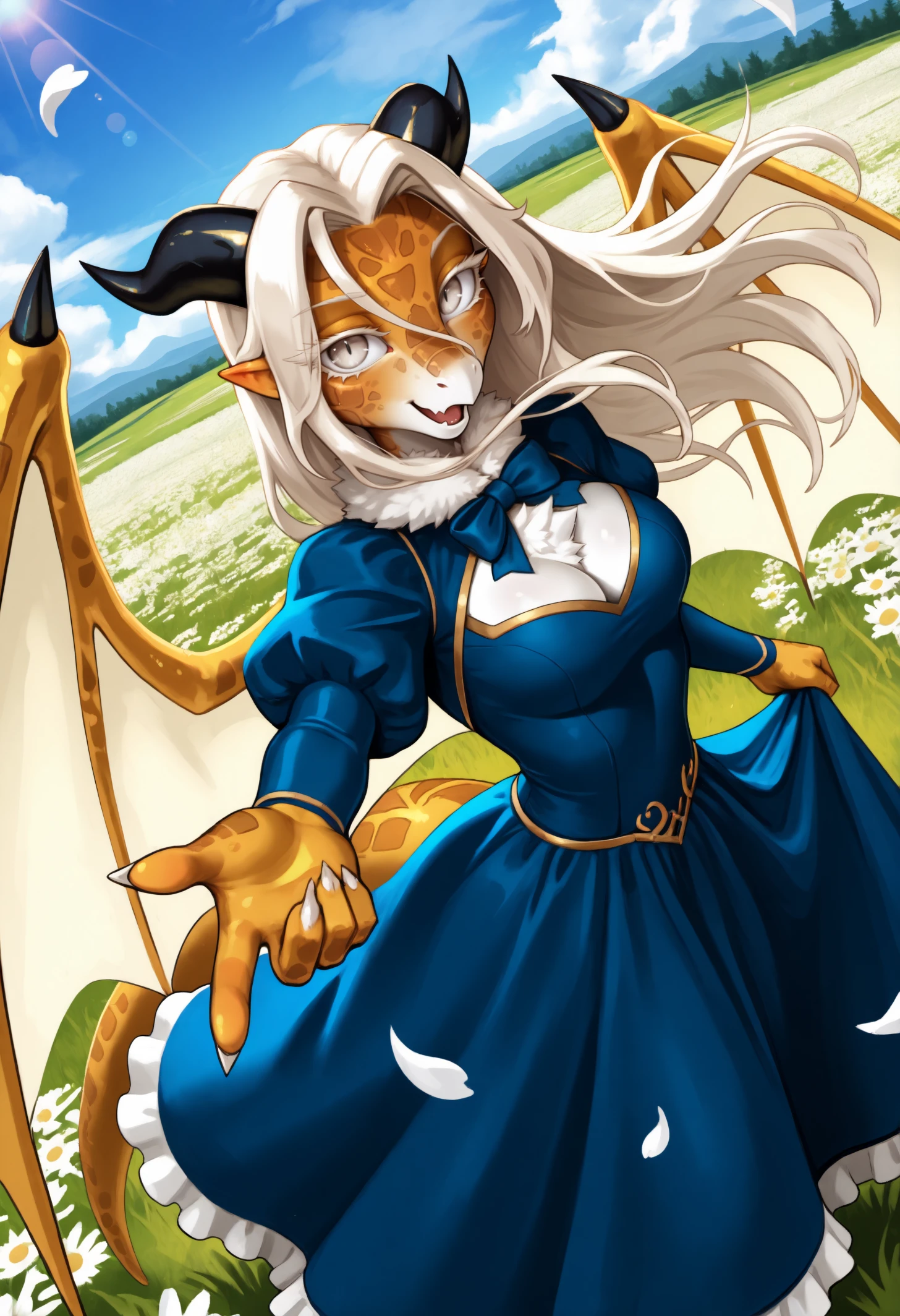 masterpiece, best quality, 1girl, dragon girl, monster girl, multicolored skin, yellow skin, white skin, scales, dragon horns, black horns, tuft, snout, beak, pointy ears, colored eyelashes, platinum blonde eyelashes, platinum blonde eyes, slit pupils, long hair, platinum blonde hair, hair intakes, hair between eyes, claws, , lizard tail, yellow tail, dragon wings, yellow wings, two-tone wings, white wings, black spikes,
skin fang,
cleavage,
neck tuft, fur collar, blue dress, frilled dress, long dress, puffy sleeves, red ribbons, blue bowtie, dress grab,
looking at viewer, happy, smile, open mouth, spin, outstretched arm, dynamic pose,
outdoors, field, flowers, scenery, grass, beautiful landscape, sunbeam, wind, floating hair, petals, lens flare, from above, dutch angle, blue sky, clouds,
<lora:Winny-Wilson-NoobAi-1.1_V1-Manityro-CAME:1>