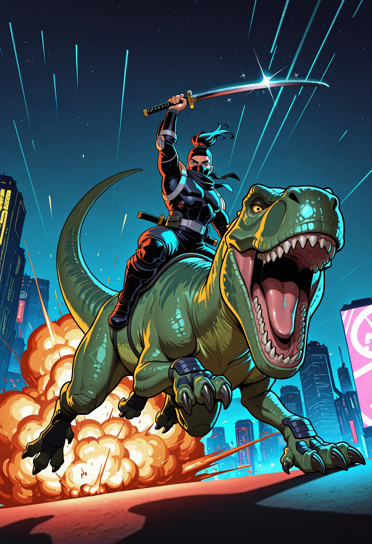 Masterpiece,amazing quality,detailed,newest,outdoors,cyberpunk city,night time,1man,ninja,holding a katana,riding a dinosaur,charging,male focus,dynamic pose,action,foreshortening,dynamic angle,looking at viewer, sparkles, explosion, volumetric lighting,dynamic angle,comicbook style,