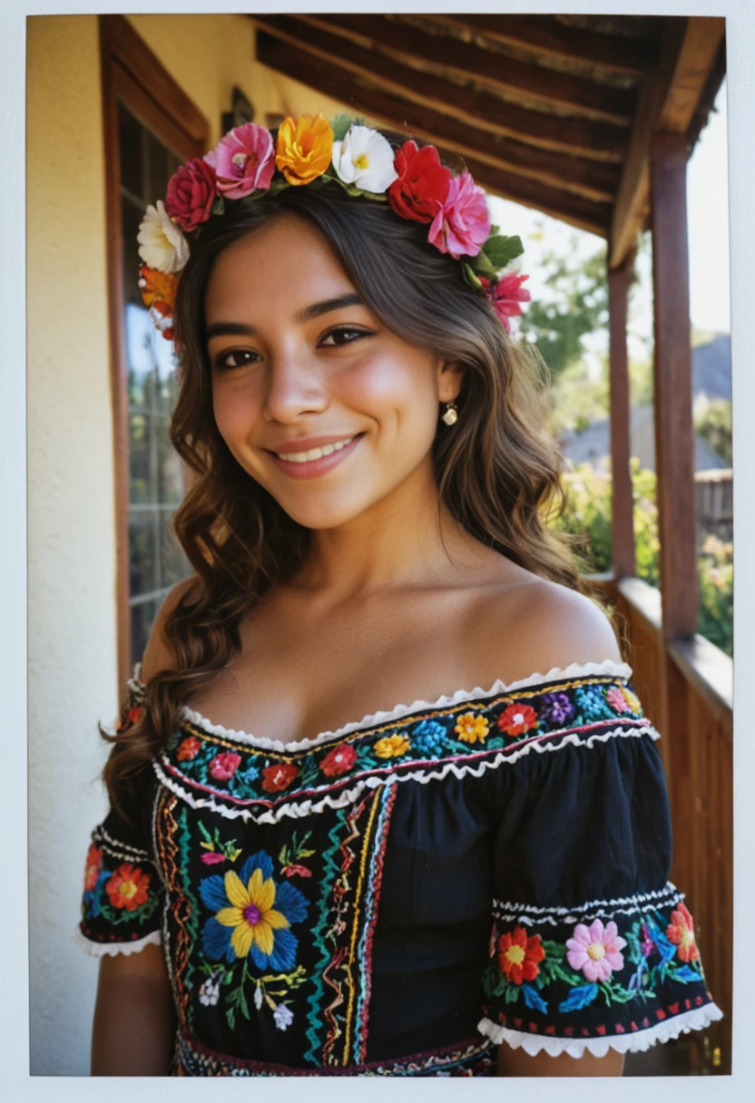 score_9, score_8_up, Candid Instax Photo, masterpiece, best quality, absurdres, amazing quality, ultra realistic, soft lighting, olive skin, (mexican woman), beautiful face, long wavy dark brown hair, flower crown, traditional mexican dress, colorful embroidery, off-shoulder blouse, folkloric style, ethnic jewelry, soft smile, detailed skin texture, shallow depth of field, vibrant cottage, pose, arched back, leaning over, afternoon sunlight, extremely detailed skin, natural skin texture, shallow depth_of_field, blurry_background