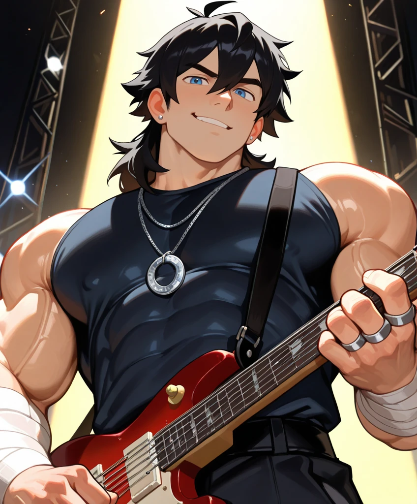 masterpiece, best quality, absurdres, newest, perfect quality, best quality, detailed background, intricate details, bara, (boy, male, male focus:1.5), (human:1.8), (by cheesecrumbles:0.8), (by dizdoodz:0.4), tall, muscular, big muscles, (big pecs), (black hair, hair between eyes) messy medium hair, cowlick, mullet, blue eyes, silver necklace, loose arm wraps, silver rings, stud earrings, on a stage, playing electric guitar, amazing lighting, cocky smirk, from below, looking at viewer