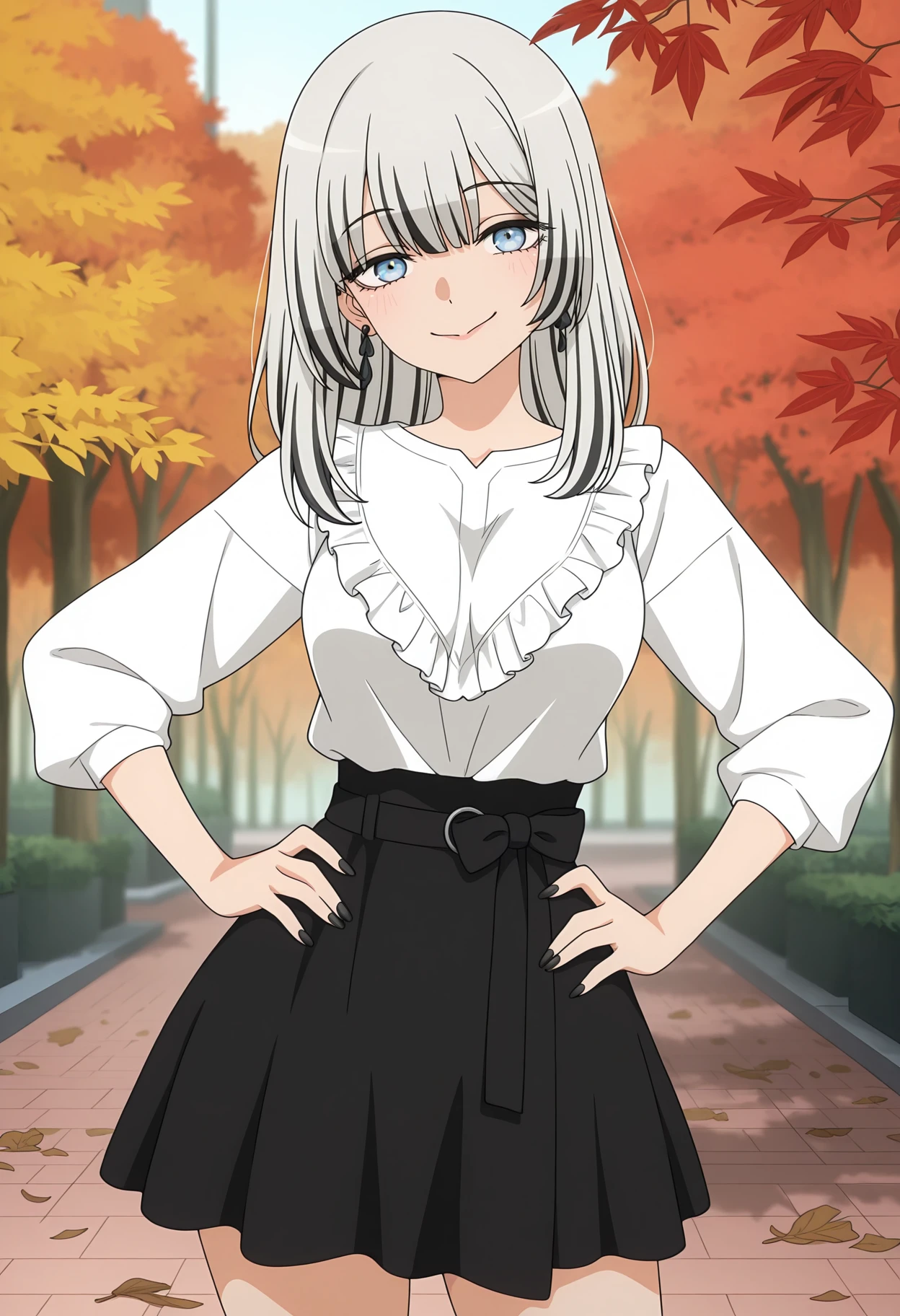 masterpiece,best quality, anime coloring, anime screencap,
1girl, solo, grey eyes, multicolored hair, black hair, grey hair, streaked hair, black nails, earrings,
<lora:kasai_seira_meipaws:1>
1girl, solo, earrings, high-waist skirt, white shirt, frilled shirt, autumn, smile, cowboy shot,leaves, skirt bow,looking at viewer, short skirt, flowing skirt, full body, hands on