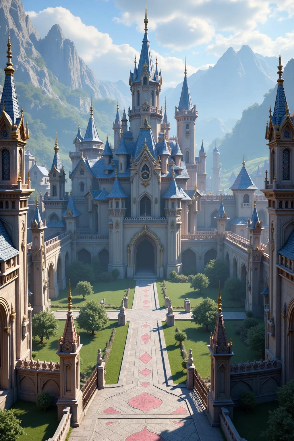 DJ_style,Fantasy architectural scenes, riverside cathedrals, blue - tiled roofs, flower - filled courtyards, a warm sunset glow.