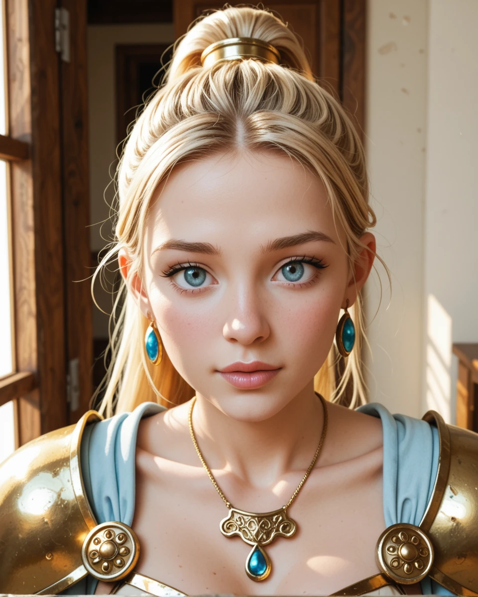 (nude:0.6),(proudly happy:0.2),
glossylips,
(cleavage:0.8),
(european look,:0.7)
cute nose, glossy lips,highgloss,
chest (close up:0.6) macro details, intimate close near detailed,macro, being caught,embarrassed,
trying to look away, (furtive:0.8), (covert:0.3),
(shiny oiled skin:0.7) moist,
bored, (lips slightly parted:0.9), (front_teeth:0.7),
collarbone,neck, slouched,
(side profile:0.7), masterpiece, high res, highest quality,, (Firione Vie:1.1) from (everquest:1.1),Paladin Princess,
(FirioneVie:1.1) a beautiful woman with a light blue two piece outfit and cape, blue and gold armor at present. Her hair is blonde and a Pinned up ponytail, she wears earrings, a necklace and other jewelry to match her outfit,