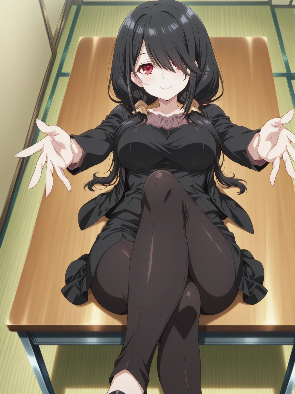 masterpiece, best quality, amazing quality,, <lora:kurumi-tokisaki-s2-illustriousxl-lora-nochekaiser:1>, kurumi tokisaki, black hair, red eyes, long hair, hair over one eye, twintails, low twintails, mature female, medium breasts, anime screencap, <lora:crossed-legs-reaching-towards-viewer-illustriousxl-lora-nochekaiser:1>, crossed legs reaching towards viewer, solo, looking at viewer, blush, smile, closed mouth, sitting, lying, indoors, on back, crossed legs, outstretched arms, on table, on desk,, , ,
