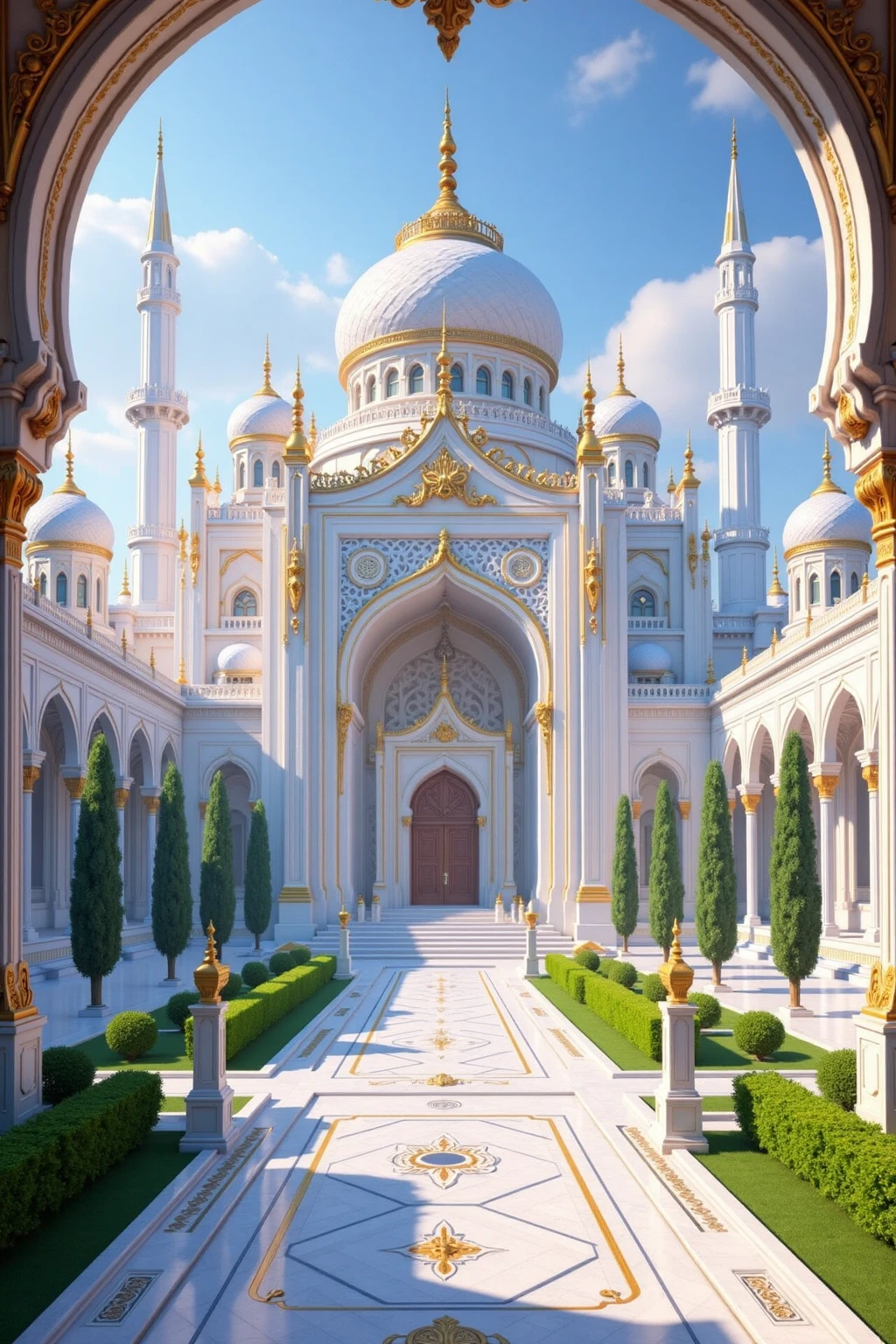 DJ_style,Fantasy architectural scenes, coastal palaces with blue roofs, sandy beaches, palm trees, turquoise seas, distant rocky cliffs.