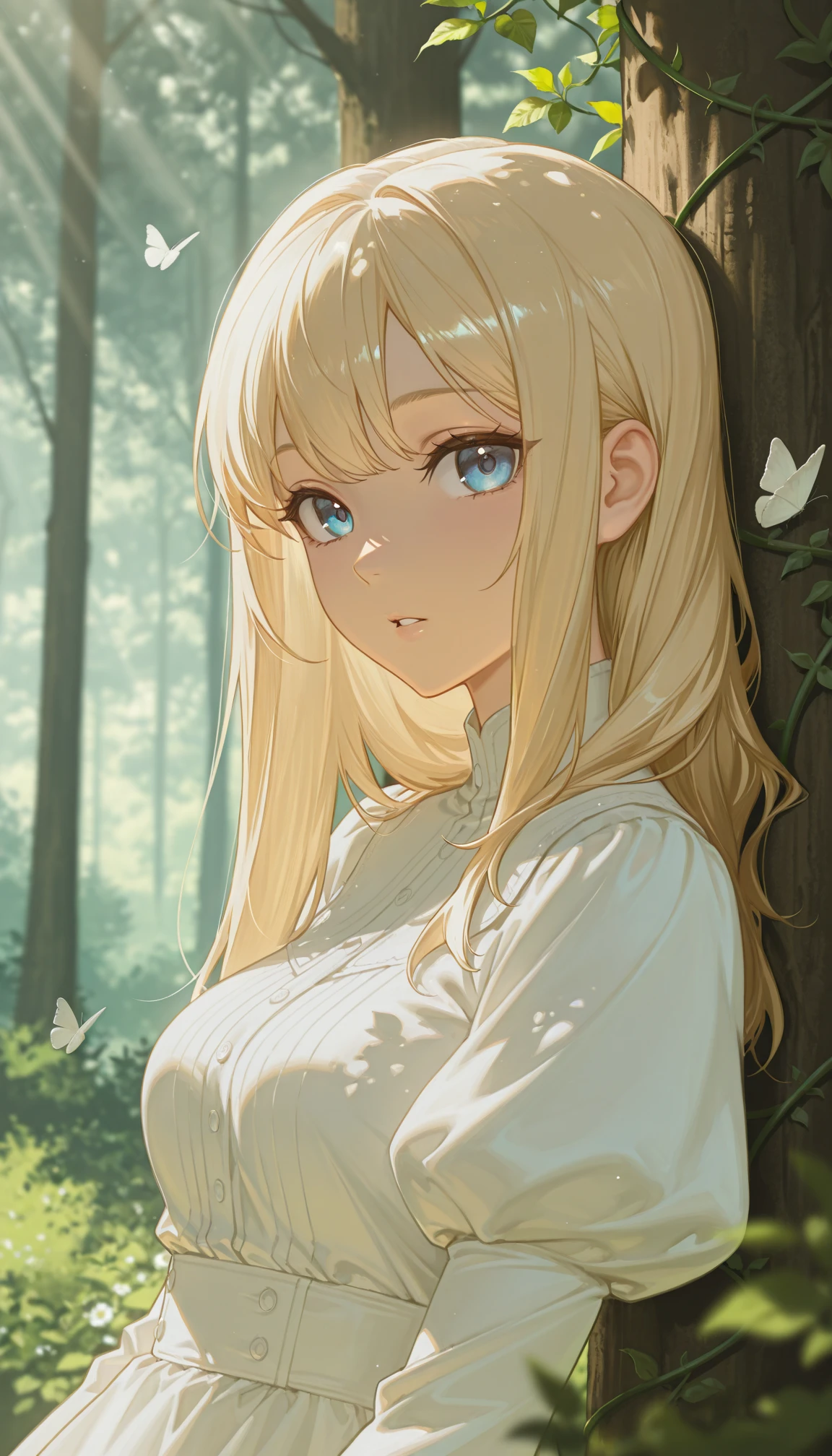 masterpiece, best quality, amazing quality, 4k, very aesthetic, high resolution, ultra-detailed, absurdres, newest, scenery, (dappled sunlight:1.2), rim light, backlit, dramatic shadow, 1girl, long blonde hair, blue eyes, parted lips, medium breasts, puffy sleeve white dress, forest, flowers, white butterfly, looking at viewer, leaning side against tree, vines, green, arms, upper body, close-up, dutch angle, shiny skin, BREAK, dramatic shadow, depth of field, vignetting, volumetric lighting