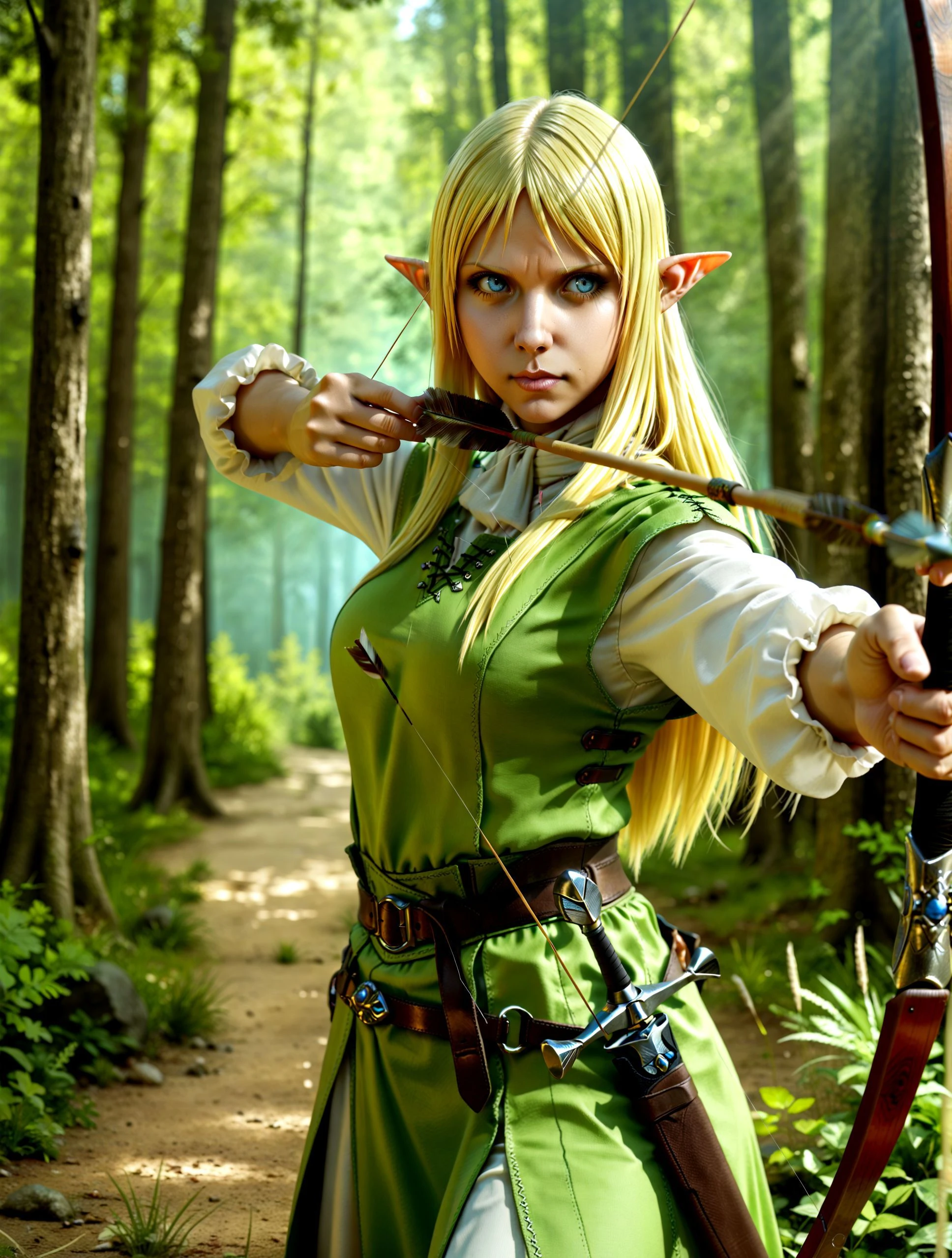 Tuka_Luna_Marceau, elf, 1girl, solo, blonde hair, blue eyes, archer's attire,
standing perfectly still after releasing an arrow, bow held steady, watching the arrow fly,
calm, focused, master's gaze,
arrow mid-flight, trail effect, slow motion feel, shallow depth of field focusing on her,
archery range, target in the far distance with an arrow hitting the bullseye, forest background,
score_8_up, score_7_up, action, detailed, dynamic pose, sharp focus
<lora:Tuka_Luna_Marceau_Pony:1>
