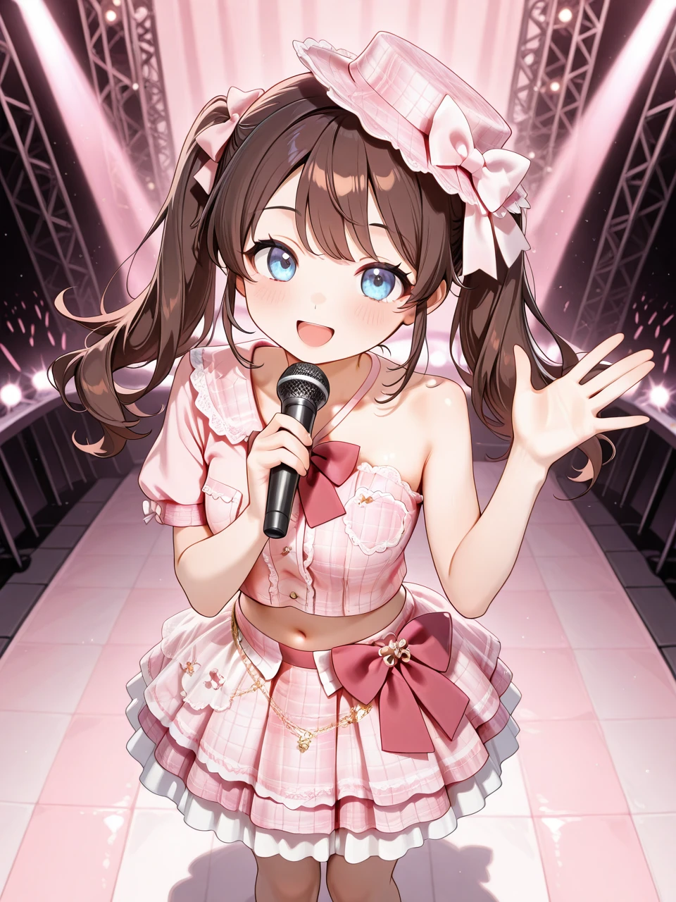 embedding:lazypos,detailed background,delicate, dreamy,
1girl, solo,
Hanasaki_Himari_OC, long hair, blue eyes, brown hair,twintails, breasts,
short single sleeve plaid shirt,bare shoulder, strap,pink shirt,red bowtie,lace trim,breast pocket,stomach,navel,
layered skirt,pink short plaid skirt,frills,lace trim,red waist bow,
plaid hat,pink hat bow,lace trim,
cowboy_shot,bare_legs,  
standing,looking_at_viewer,smile,singing,holding_microphone,front view,waving_arm,from_above,     
stage,stage_lights, 
