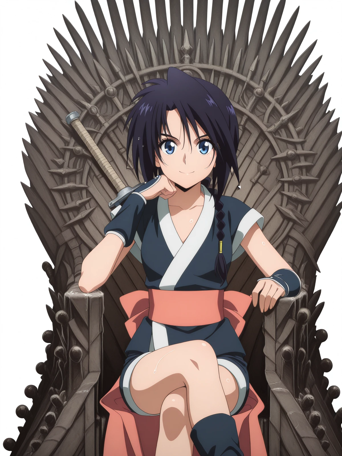 masterpiece, best quality, amazing quality,, <lora:misao-makimachi-anime2023-illustriousxl-lora-nochekaiser:1>, misao makimachi, long hair, blue eyes, black hair, braid, single braid, mature female, small breasts, anime screencap, shorts, sash, japanese clothes, ninja,, <lora:iron-throne-illustriousxl-lora-nochekaiser:1>, iron throne, sitting, looking at viewer, sword, throne, sitting on throne, smile, feet out of frame, elbow rest, crossed legs, rainy day, umbrella, walking home, puddles, wet hair, cowboy shot, solo, looking at viewer, <lora:transparent-background-illustriousxl-lora-nochekaiser:1>, transparent background, simple background, white background