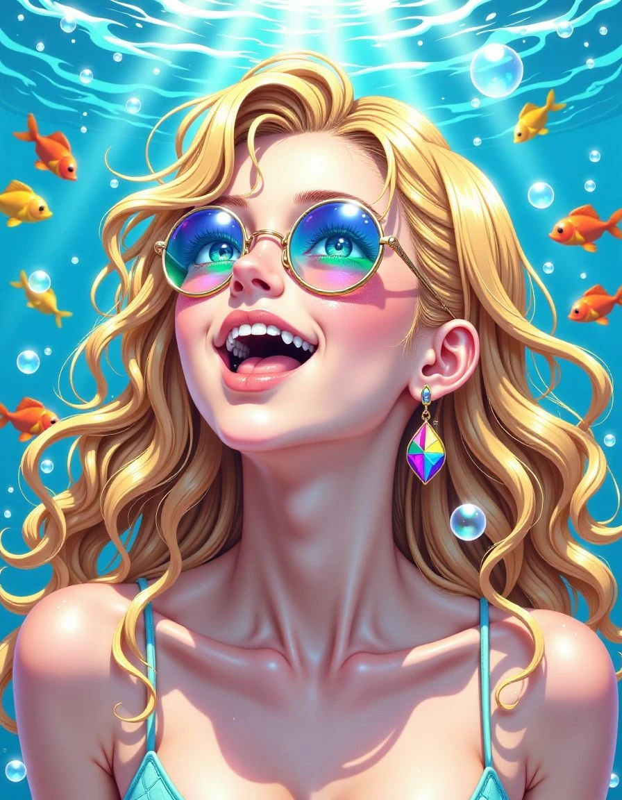 badmilk.A vibrant and ethereal anime-style illustration of a person with flowing, golden blonde curly hair submerged in crystal clear blue water. The subject is seen from the chest up, looking upwards with a serene, joyful expression, mouth slightly open as if in awe or taking a breath. They are wearing stylish round sunglasses that reflect a kaleidoscope of colors, including hints of an eye looking upwards through the lenses.
Dappled sunlight patterns shimmer across their skin and hair, creating beautiful light effects. Numerous bubbles float around them, enhancing the underwater atmosphere. A small, geometric, multi-colored earring dangles from one ear. Schools of bright yellow and orange/red fish swim gracefully around the person, adding to the lively underwater scene.
The water itself is a brilliant, translucent blue, with subtle light rays piercing through from above. The overall impression is one of tranquility, wonder, and immersion in a beautiful aquatic environment, rendered with highly detailed textures, luminous colors, and a dreamlike quality.
<lora:Hyper-FLUX.1-dev-8steps-lora:0.12> <lora:badmilk-ultimate:1>