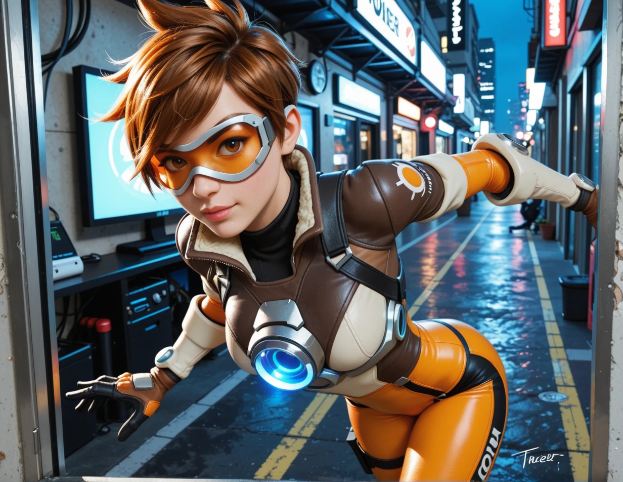 (confident smirk:0.6),energetic, mischievous ,include teleportation and time-travel,
tight orange pants, goggles
Heroes of the Storm,
dynamic action poster close up ,
rainy nighttime backstreet water reflection, upper body medium shot,, (realistic photo),(photorealistic), (masterpiece), high res, highest quality, chromatic lighting, realistic lighting,
Tracer from Overwatch, her vibrant orange hair styled in her signature pixie cut, stands in a dynamic pose,
set against a backdrop of futuristic cityscape ,
full body, (freckles:0.6),
(\(Tracer\):1.3) from \(Heroes of the storm\) \(Overwatch\), whole body,
skintight suit,
closed mouth,, masterpiece, high res, highest quality,, (motion_lines,movement_lines:0.8), (motion_blur:1.2), close up, intimate close near detailed,macro