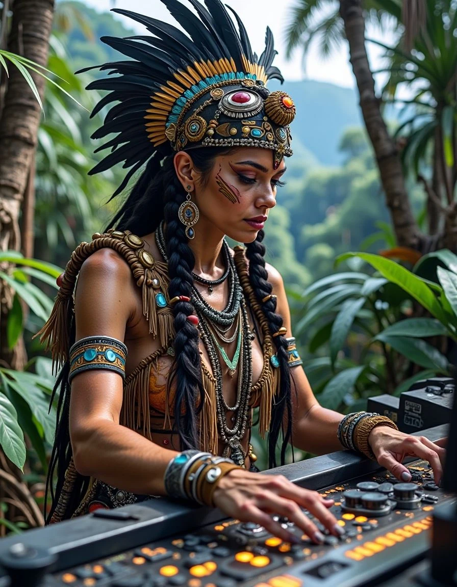 <lora:Flux_Krea_Blaze_Lora-rank32:1> <lora:badmilk:1>A captivating woman with a striking appearance, wearing an elaborate feathered headdress with prominent black and gold feathers, and intricate tribal jewelry including multiple necklaces, earrings, and armbands. She has long dark hair styled in braids and subtle face paint. Her attire is minimal, consisting of a decorative top adorned with beads and fringe. She is positioned as if operating a complex, glowing control panel, with her hands resting on the equipment. The setting is a lush and vibrant jungle landscape, characterized by towering trees and exotic flora under a clear sky. The overall scene blends traditional indigenous aesthetics with futuristic technology, creating a unique and powerful visual. High detail, realistic, cinematic, jungle landscape, tribal fashion, futuristic.