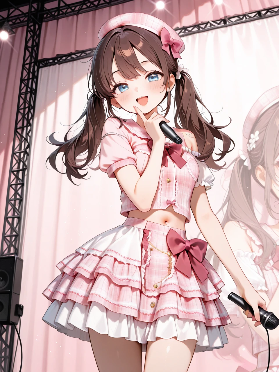 embedding:lazypos,detailed background,delicate, dreamy,
1girl, solo,
Hanasaki_Himari_OC, long hair, blue eyes, brown hair,twintails, breasts,
short single sleeve plaid shirt,bare shoulder, strap,pink shirt,red bowtie,lace trim,breast pocket,stomach,navel,
layered skirt,pink short plaid skirt,frills,lace trim,red waist bow,
plaid hat,pink hat bow,lace trim,
cowboy_shot,bare_legs,  
standing,looking_at_viewer,smile,singing,holding_microphone,front view,finger_to_face,   
stage,stage_lights, 
