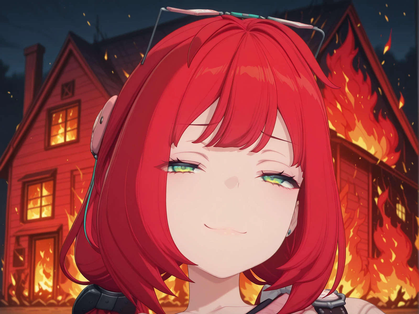 masterpiece, best quality, amazing quality,, <lora:zzz-yuzuha-ingame-illustriousxl-lora-nochekaiser:1>, yuzuha, ukinami yuzuha, hair bow, long hair, low twintails, red hair, green eyes, sphere hair ornament, very long hair, mature female, medium breasts, 3d, <lora:disaster-girl-illustriousxl-lora-nochekaiser:1>, disaster girl, disaster girl (meme), solo, looking at viewer, smile, closed mouth, upper body, blurry, blurry background, night, depth of field, half-closed eyes, parody, fire, meme, smug, burning house,, , ,