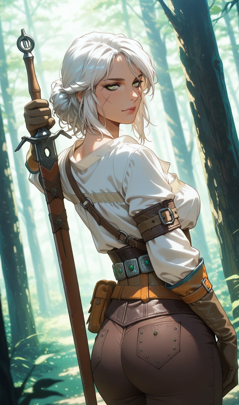 soft and warm color, movie still,bright,vivid,dreamy,evocative use of light and shadow, incredible beauty,anime style, anime coloring, vibrant,studio anime,beautiful,textural,(((masterpiece))),(((best quality))),((ultra-detailed)),impeccable, dream like, solo, 1girl, aged_up,mature female, tall_female, seductive, sexy, forest, looking at viewer, <lora:Ciri_The_Witcher_3:0.9>, ciri, white hair, green eyes, white shirt, brown glove, scar on cheek, brown pants, sword_over_shoulder, half-turned, upper-body, dutch_angle, looking back,