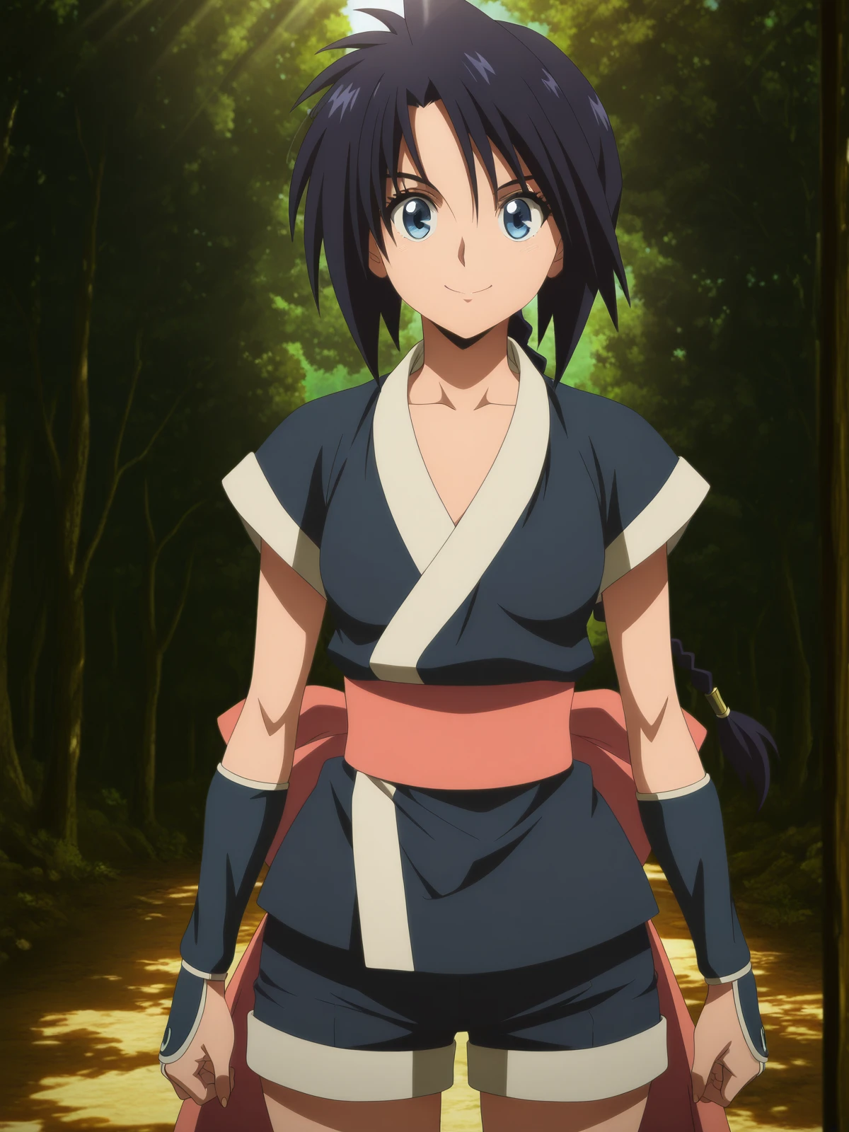 masterpiece, best quality, amazing quality,, <lora:misao-makimachi-anime2023-illustriousxl-lora-nochekaiser:1>, misao makimachi, long hair, blue eyes, black hair, braid, single braid, mature female, small breasts, anime screencap, shorts, sash, japanese clothes, ninja,, smile, Natural settings, trees, rivers, sunlight, wildlife, cowboy shot, solo, looking at viewer,