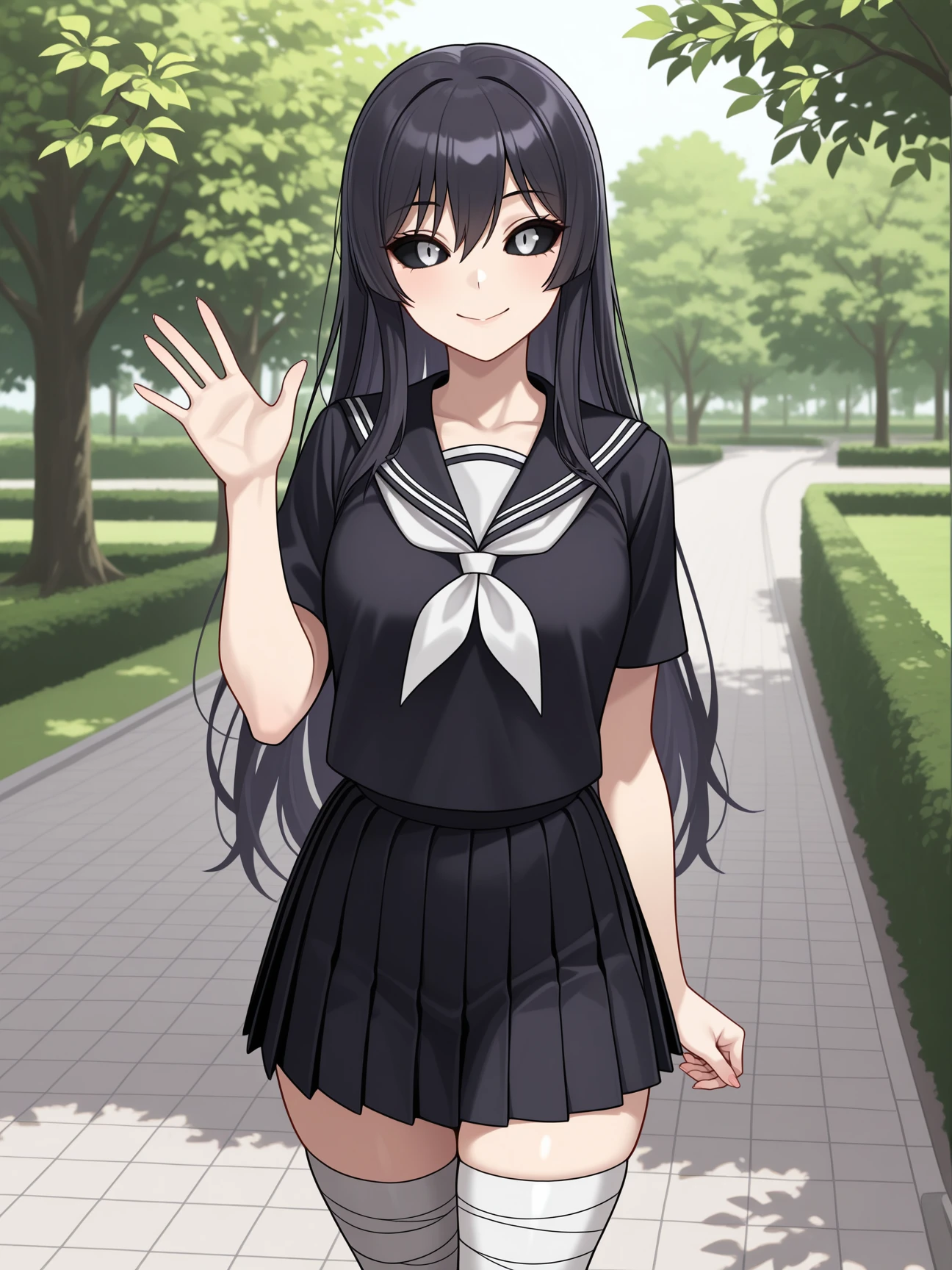 best quality, absurdres, highres, <lora:Karla Kure Illu:0.8> karlaillu, looking at viewer, school uniform, black serafuku, black skirt, bandaged leg, thighhighs, outside, waving, park, black sclera, solo