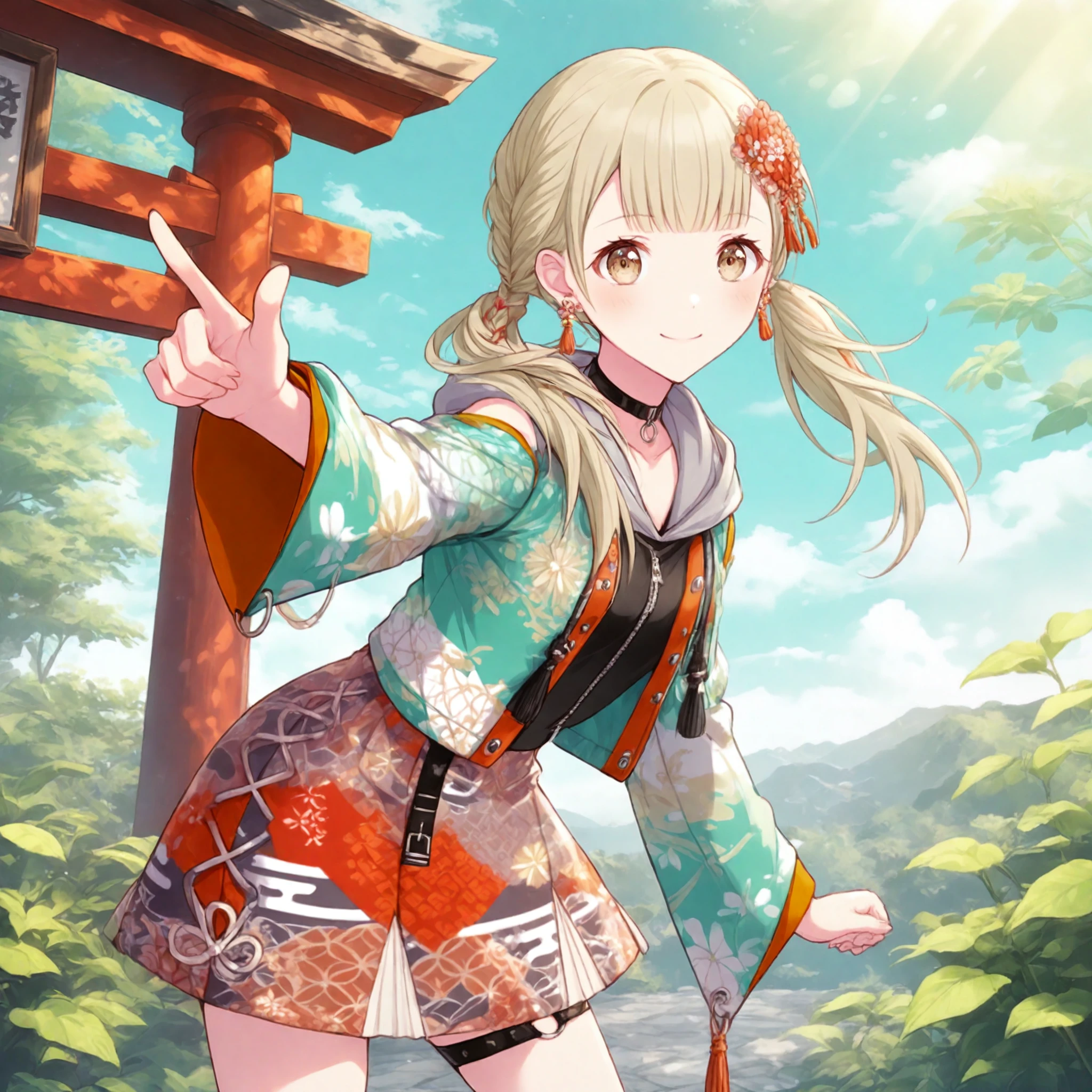 1girl, project sekai, solo, from side,
ess, blonde hair, twintails, twin braid, blunt bangs, light brown eyes, detailed eyes, smiling, closed mouth,
looking at viewer, standing, contrapposto, legs apart, leaning forward, pointing at viewer, cowboy shot, four fingers and thumb,
black choker, hair ornament, green jacket, hoodie, open jacket, seigaiha, drawstring, o-ring choker, earrings, floral print, hood down, wide sleeves, hair flower, thigh strap, patterned clothing, print jacket, skirt, multicolored jacket, collarbone, zipper, tassel,
day, sunlight, blue sky, red torii, nature,
nijistyle, jwst, masterpiece, amazing quality, very aesthetic,
<lora:IL-style-nijistyle02:0.6>, <lora:IL-style-JWST02:0.2>,
<lora:IL-vbs-NewYearKh01:0.7>
