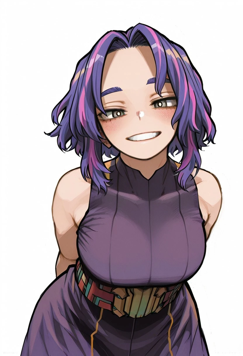 horikoshistyle, 1girl, solo, breasts, multicolored hair, smile, looking at viewer, streaked hair, large breasts, dress, arms behind back, white background, purple hair, black hair, pink hair, leaning forward, sleeveless, short hair, simple background, bare shoulders, blush, grin, lady nagant,