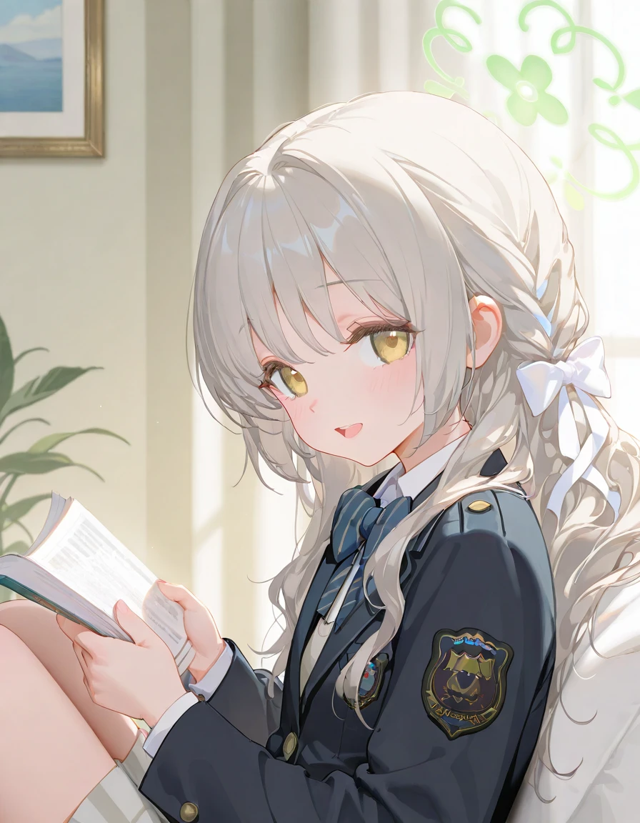 miyo \(blue archive\),<lora:miyo_xl_v1.0:1>,<lora:BAstyle_v2:0.8>,(artist:ningen_mame:0.9),(artist:sho_(sho_lwlw):0.9),(artist:rhasta:0.9),(artist:wlop:0.7),(artist:ke-ta:0.6),(fkey:0.5),(fuzichoco:0.6),artist:chen bin,(hyouuma:0.85),looking_at_viewer,full_shot,1girl,solo,reading,black jacket,(smile:0.9),(open mouth:1.1),indoors,very awa,masterpiece,best quality,year 2024,newest,highres,absurdres,best quality,amazing quality,very aesthetic,absurdres,