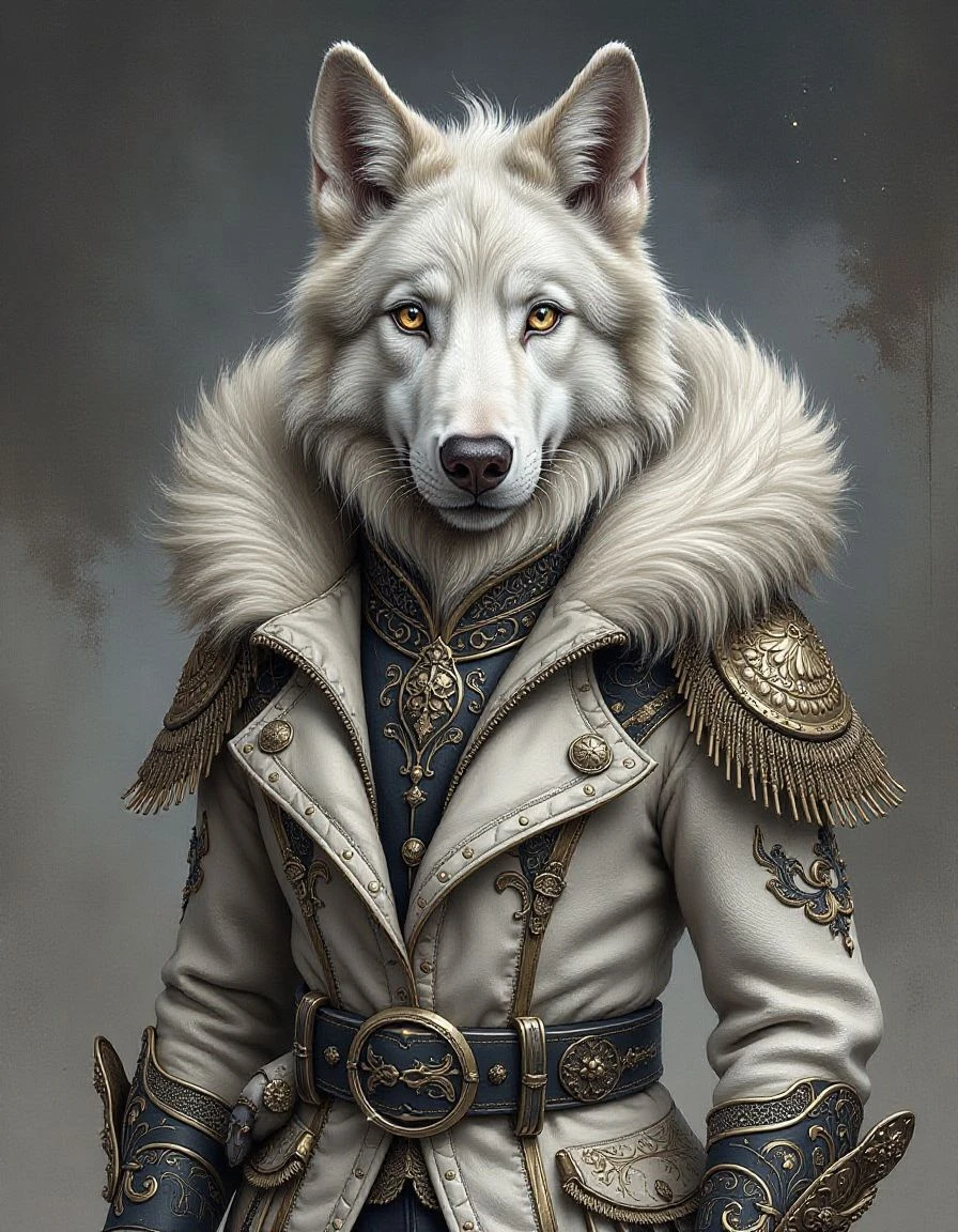 This image is a highly detailed, digital artwork featuring an anthropomorphic Arctic wolf standing upright and dressed in elaborate, ornate clothing. The wolf, standing in a portrait-like format, has a white fur coat and piercing yellow eyes, giving it a fierce yet regal appearance. It is dressed in a luxurious, oversized, intricately patterned coat with a thick, fluffy fur-lined hood.<lora:Hyper-FLUX.1-dev-8steps-lora:0.12> <lora:watercolart:1>