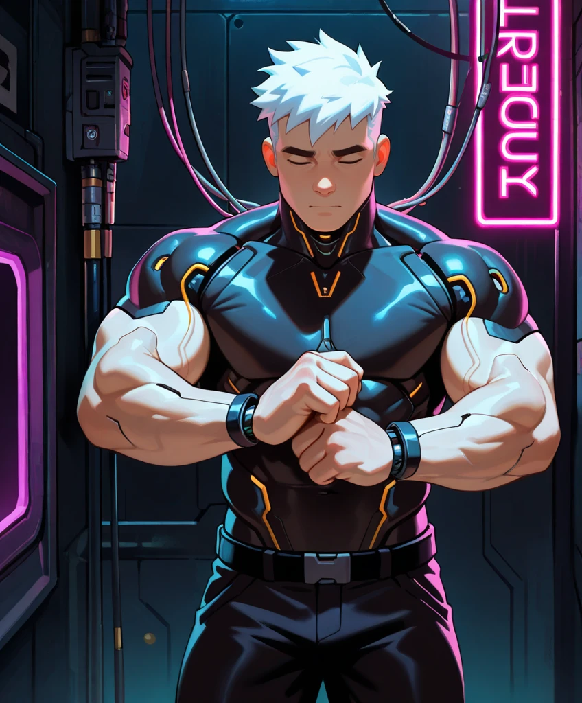 masterpiece, best quality, absurdres, newest, perfect quality, best quality, detailed background, intricate details, bara, (boy, male, male focus:1.5), (by cheesecrumbles:0.8), (by dizdoodz:0.4), muscular, teen, cyberpunk, white hair, android, solo, connected to wall, eyes closed, cables connecting to body, facing viewer, neon lights, dim, cowboy shot