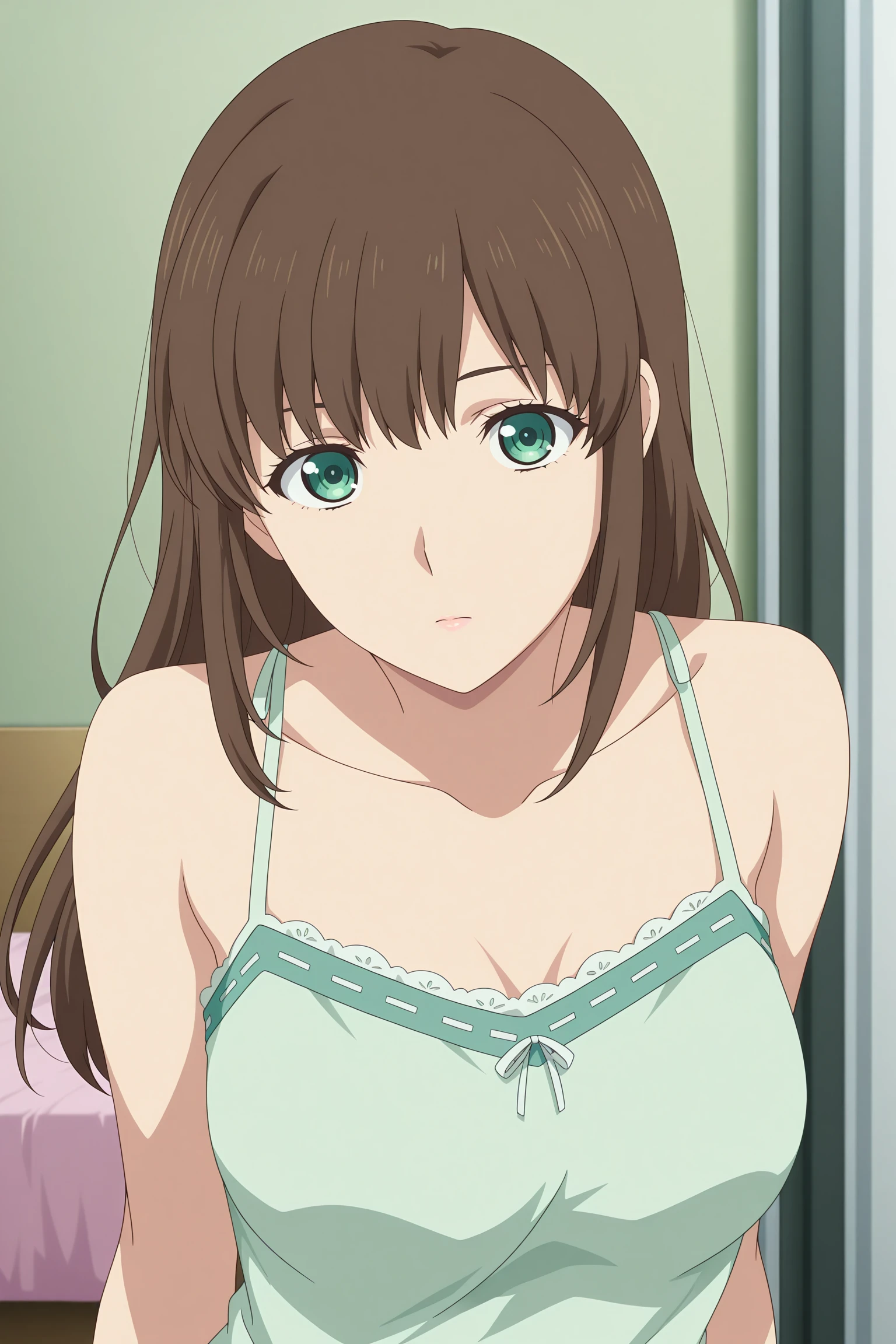 masterpiece, best quality, amazing quality, highres, absurdres, very aesthetic, high resolution, ultra detailed, perfect details, 1girl, solo, indoors, bedroom, tachibana hina, long hair, brown hair, sidelocks, choppy bangs, green eyes, green camisole, spaghetti strap, green shorts, micro shorts, lace-trimmed shorts, <lora:Hina_Tachibana_ILXL:0.9>, (aged up:1.2), (upper body:1.5), looking at viewer, (anime coloring:1.5), standing, (dynamic pose:1.pressionless