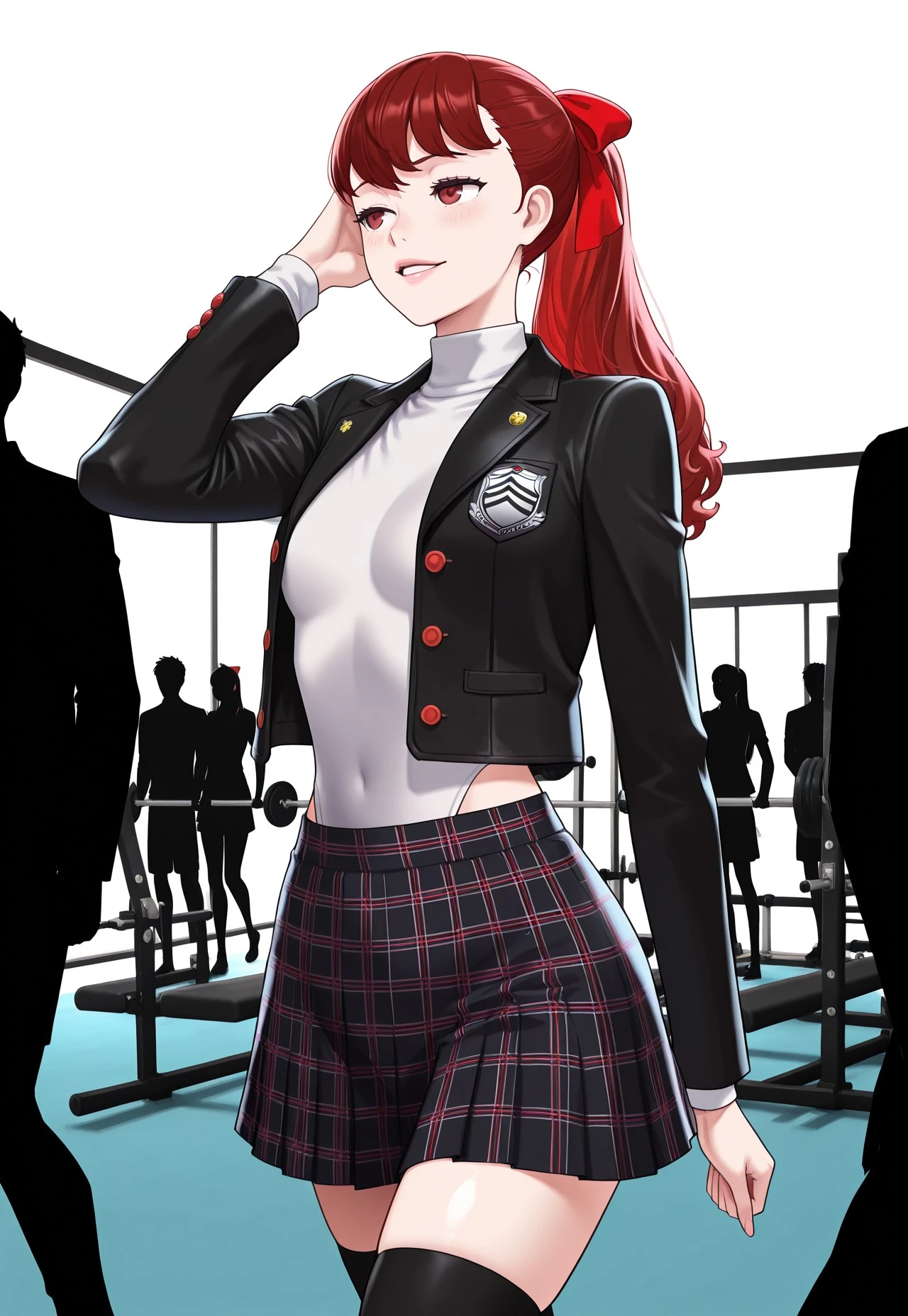 masterpiece, best quality, perfect face, absurdres, HD girl, R, extremely detailed CG, score_9, score_8_up, 
 slightly from side, 
1 girl, p5yoshizawa, long hair, red hair, bangs, ponytail, red hair bow, small breasts, black jacket, school emblem, on jacket,  red buttons, plaid skirt, white highleg leotard, long sleeves, turtleneck, black toeless thighhighs socks, parted lips, seductive look, horny, aroused, smug, hand on own hair, 

walking, 

indoors, gym, exercise equipment,  morning, silhouette male crowd, featureless male crowd, 

 very aesthetic, cinematic lighting, volumetric lighting, 
