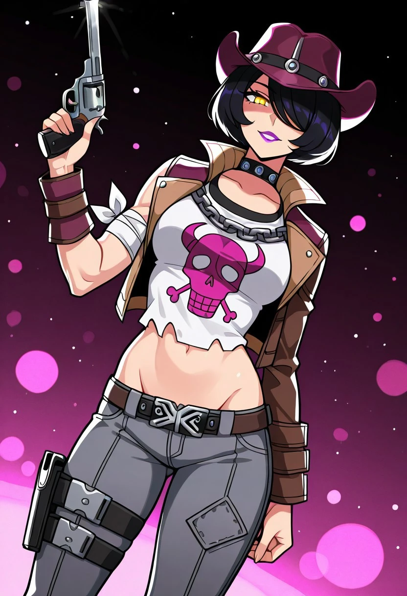 NishaBTPS, 1girl, solo, purple cowboy hat, black hair, bobcut, yellow eyes, hair over one eye, full lips, purple lipstick, choker, white torn shirt with print, brown jacket, , navel, midriff, groin, belt, grey denim pants, bandage, collar, chain, holster, boots, handgun, revolver,
masterpiece, best quality, fine details, intricate details, depth of field, subsurface scattering, bokeh, ultra-detailed, very aesthetic, detailed background, newest, scenery, highres, absurdres, colorful, vibrant, glowing, perfect face, 2d, perfect eyes, vibrant saturated colors, volumetric lighting, sharp, detailed eyes, perfect , perfect face, perfect eyes, mature body, clear eyes, beautiful eyes, athletic, curvy body, athletic girl, perky , perfect , round , pinup pose, teasing, expression, perfect hands,
muscular female, dutch angle, dynamic pose,
,Smooth Negative, Smooth_Quality,