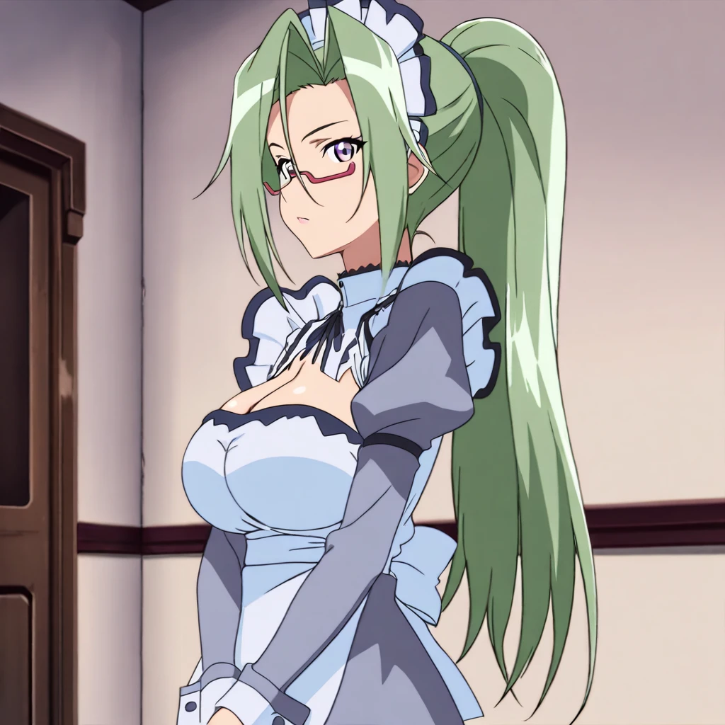masterpiece,high score,great score,absurdres,anime coloring,looking at viewer,1girl,solo,cowboy_shot,from side,<lora:MitsukiHanyuu ag4o:1> mitsukihanyuu, green hair, ponytail, purple eyes, glasses,maid,cleavage,