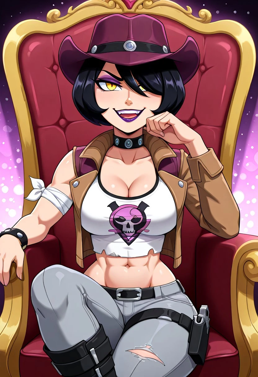 NishaBTPS, 1girl, solo, purple cowboy hat, black hair, bobcut, yellow eyes, hair over one eye, full lips, purple lipstick, choker, white torn shirt with print, brown jacket, , navel, midriff, groin, belt, grey denim pants, bandage, collar, chain, holster, boots, handgun, revolver,
masterpiece, best quality, fine details, intricate details, depth of field, subsurface scattering, bokeh, ultra-detailed, very aesthetic, detailed background, newest, scenery, highres, absurdres, colorful, vibrant, glowing, perfect face, 2d, perfect eyes, vibrant saturated colors, volumetric lighting, sharp, detailed eyes, perfect , perfect face, perfect eyes, mature body, clear eyes, beautiful eyes, athletic, curvy body, athletic girl, perky , perfect , round , pinup pose, teasing, expression, perfect hands,
muscular female, dutch angle, dynamic pose,
upper body, sitting, on throne, crossed legs, dynamic pose, head rest, ojou-sama pose, facing viewer, looking at viewer, detailed eyes, glaring at viewer, makeup, mascara, eyeliner, red lips, lipstick, open mouth, sadistic laugh, laughing,
,Smooth Negative, Smooth_Quality,