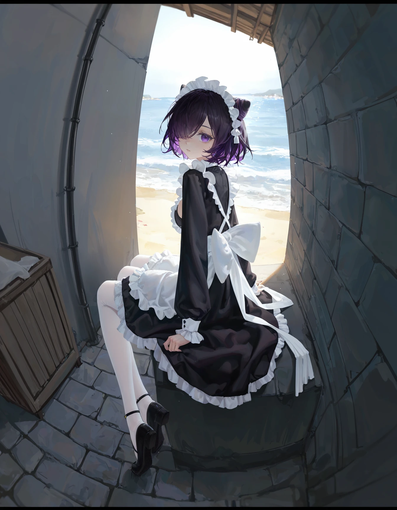 1girl,solo,
<lora:è´¾ç»´æ¯:0.9>,cone hair bun,hair over one eye,multicolored hair,purple eyes,purple hair,short hair,two-tone hair,
diyitaoHMS,diyiHMS white apron,diyiHMS black dress,diyiHMS black footwear,frills,diyiHMS neck bell,diyiHMS long sleeves,diyiHMS maid,diyiHMS maid headdress,diyiHMS white pantyhose,
diyiHMS sideboob,
(letterboxed:1.2),oil painting,artist:dino_(dinoartforame),artist:konya_karasue,(artist:nixeu:0.8),(artist:wlop:0.5),artist:ciloranko BREAK
best perspective BREAK
anatomically correct,best,
outdoors,there is wind,(((detailed background))),alley,sea water,beach,sitting,from behind,looking_back,looking_at_viewer,white wall house,Cirrocumulus,macro_shot,fisheye,(((detailed background))),(frontlight:0.6),(backlight:1.3),